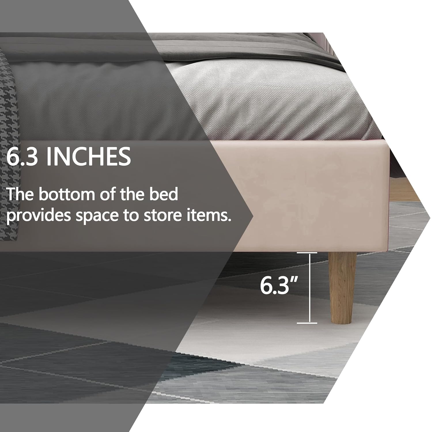 alazyhome Upholstered Platform Full Size Bed Frame with Headboard Wooden Slats Support No Noise Easy Assembly Beige Velvet - Image 4