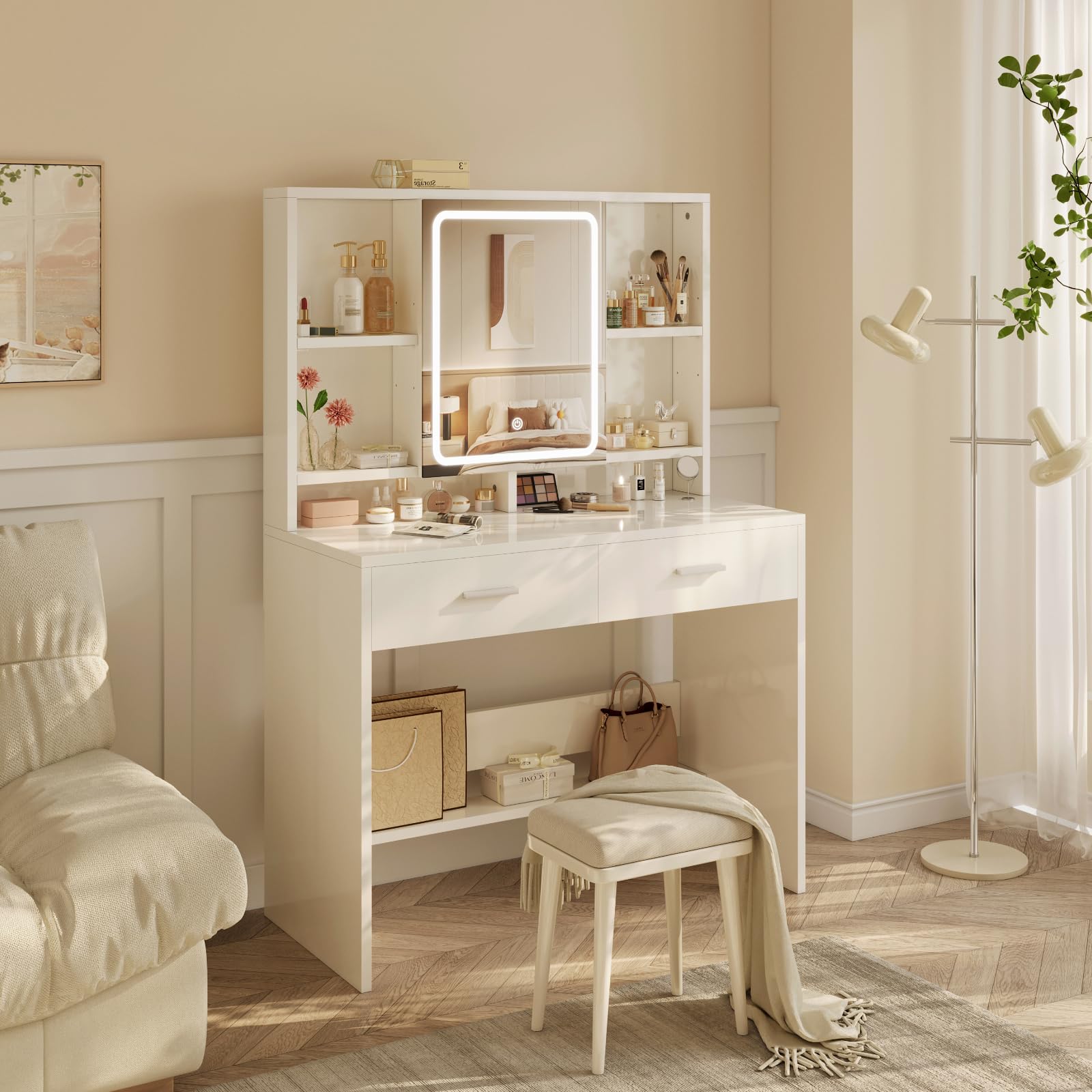 Devoko Coiffeuse avec Miroir LED, 3 Couleurs avec Luminosité Réglable, Table de Maquillage de Rangement, 2 Tiroirs et Étagères Réglables, Espace pour Bijoux, Style Moderne (Blanc)