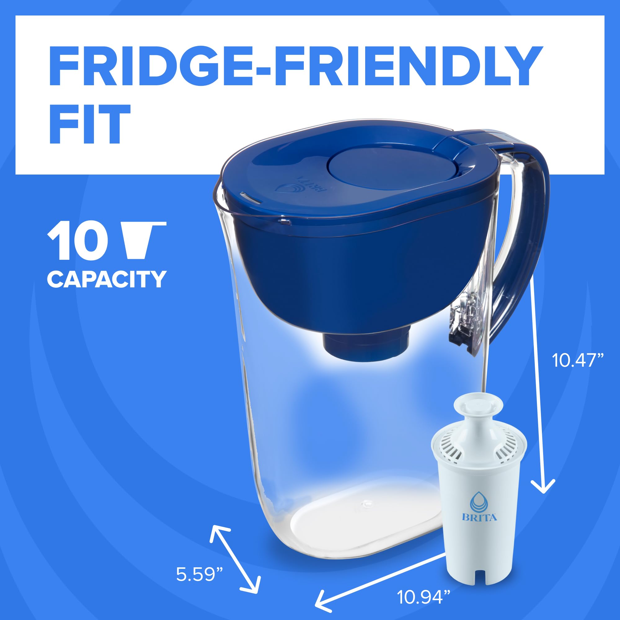 Brita Large Water Filter Pitcher for Tap and Drinking Water with SmartLight Filter Change Indicator + 1 Standard Filter, Lasts 2 Months, 10-Cup Capacity, Blue