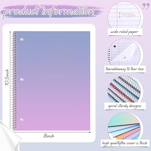 Miniatura 2 de Teling Cuaderno de espiral de 1 materia, cuaderno de rayas anchas de 8 x 10 12 pulgadas, cuaderno en espiral pastel, 3 bolsillos divisores de