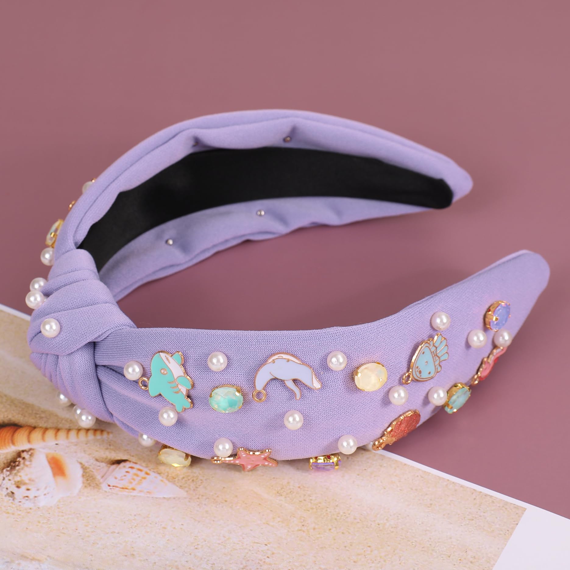 Cerchietto annodato oceano per donne e ragazze stelle marine conchiglie meduse pesce delfino fascia decorazione perla strass gioiello fascia per capelli estate spiaggia accessori per capelli