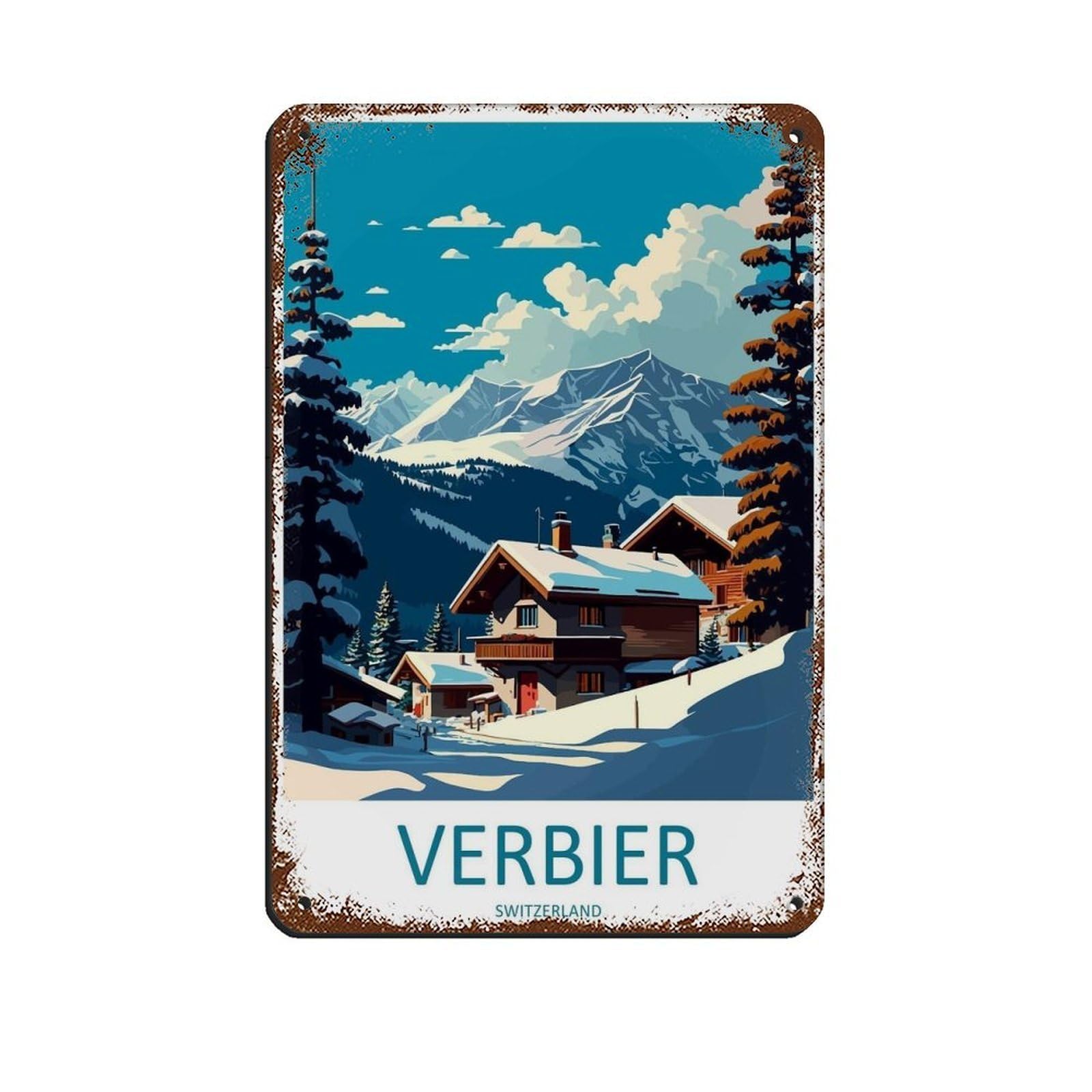 Verbier Travel Art Ski Art Lover Gift Retro Poster Metal Tin Sign Chic Art Retro Iron Painting Bar People Cave Cafe Family Garage Poster Wall Decoration 8x12inch(20x30cm)