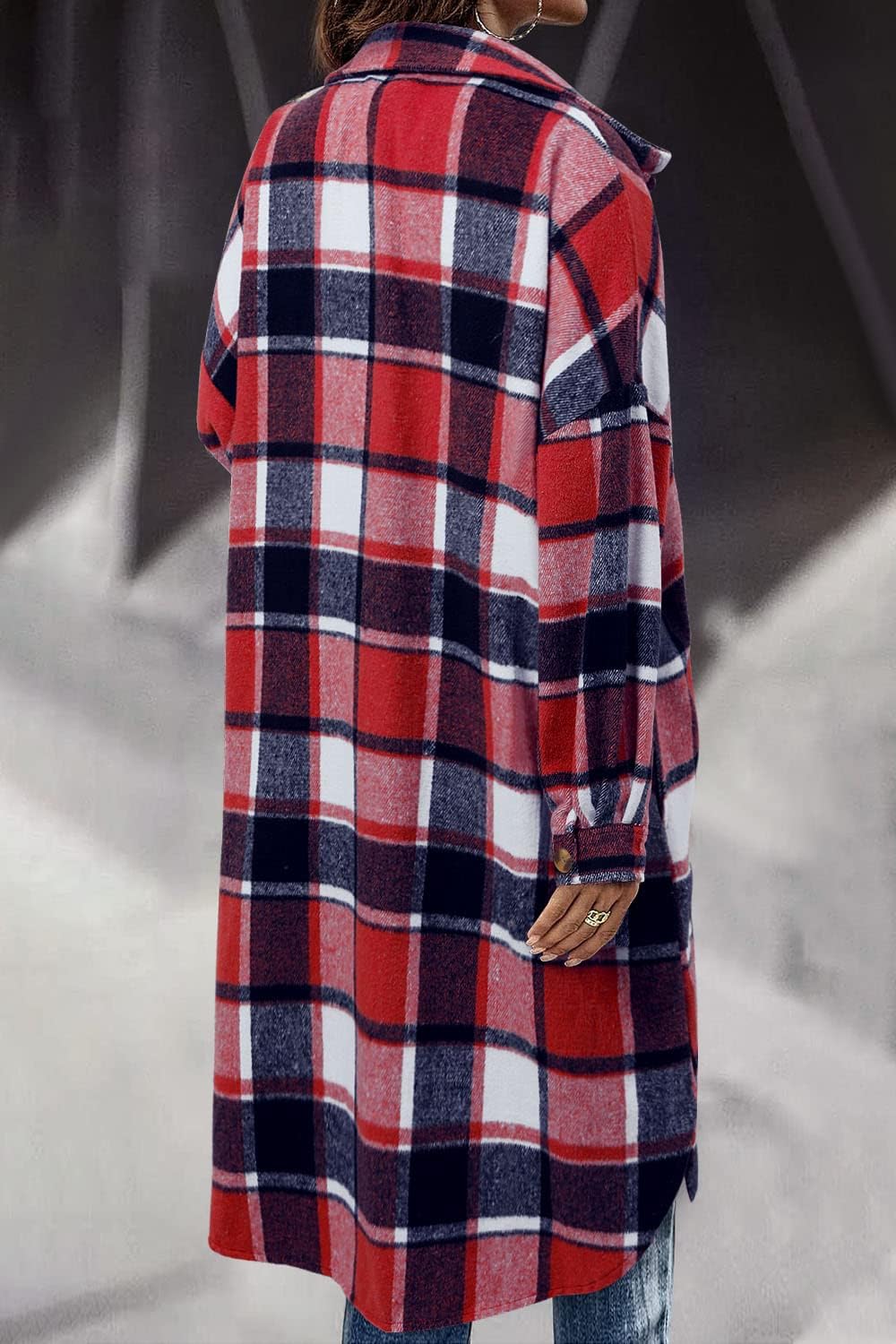 CHICZONE Womens Plaid Shacket Jacket Long Corduroy Shirt Casual Lapel Button Down Flannel Trench Coats - Image 4