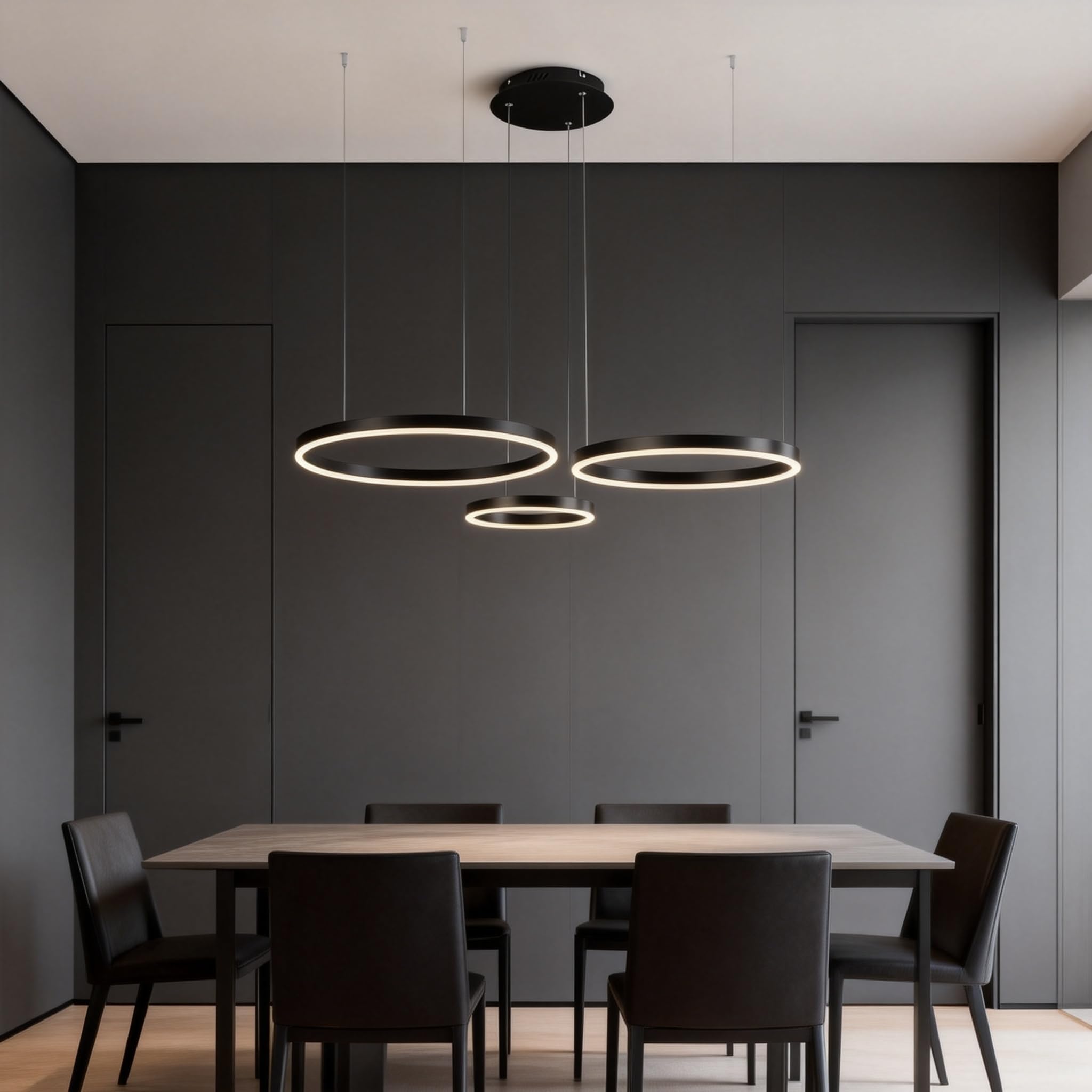 Moderne LED Pendelleuchte, 3 Ringe verstellbare Licht Pendelleuchte, moderner Deckenleuchter, dimmbar 2700 K - 6500 K, mit Fernbedienung 78 W