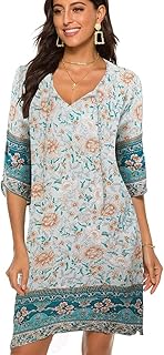Damen Vintage Ethnostil Blumenmuster Bohemian Tunika Kleid V-Ausschnitt 3/4 Arm Strandkleider Sommerkleider