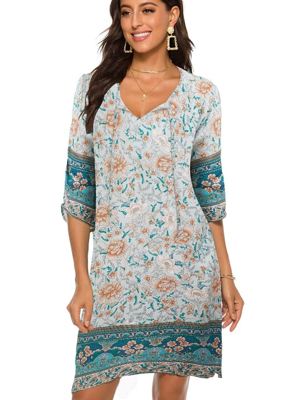 BDTECAOR Damen Vintage Ethnostil Blumenmuster Bohemian Tunika Kleid V-Ausschnitt 3/4 Arm Strandkleider Sommerkleider