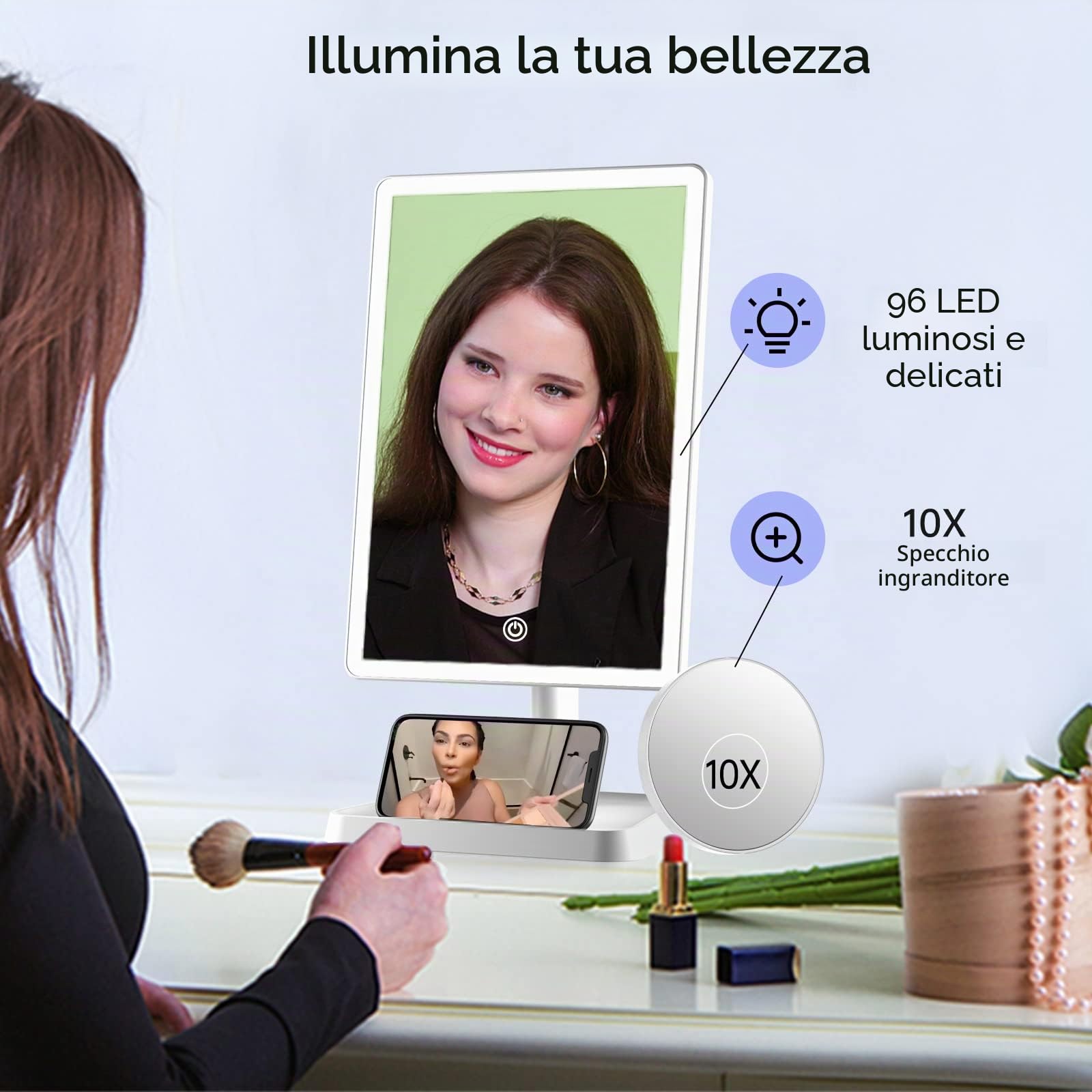 Specchio cosmetico ricaricabile con luci, 96 LED illuminato specchio cosmetico con supporto per telefono e specchio ingranditore 10x, illuminazione a 3 colori, specchio cosmetico illuminato con