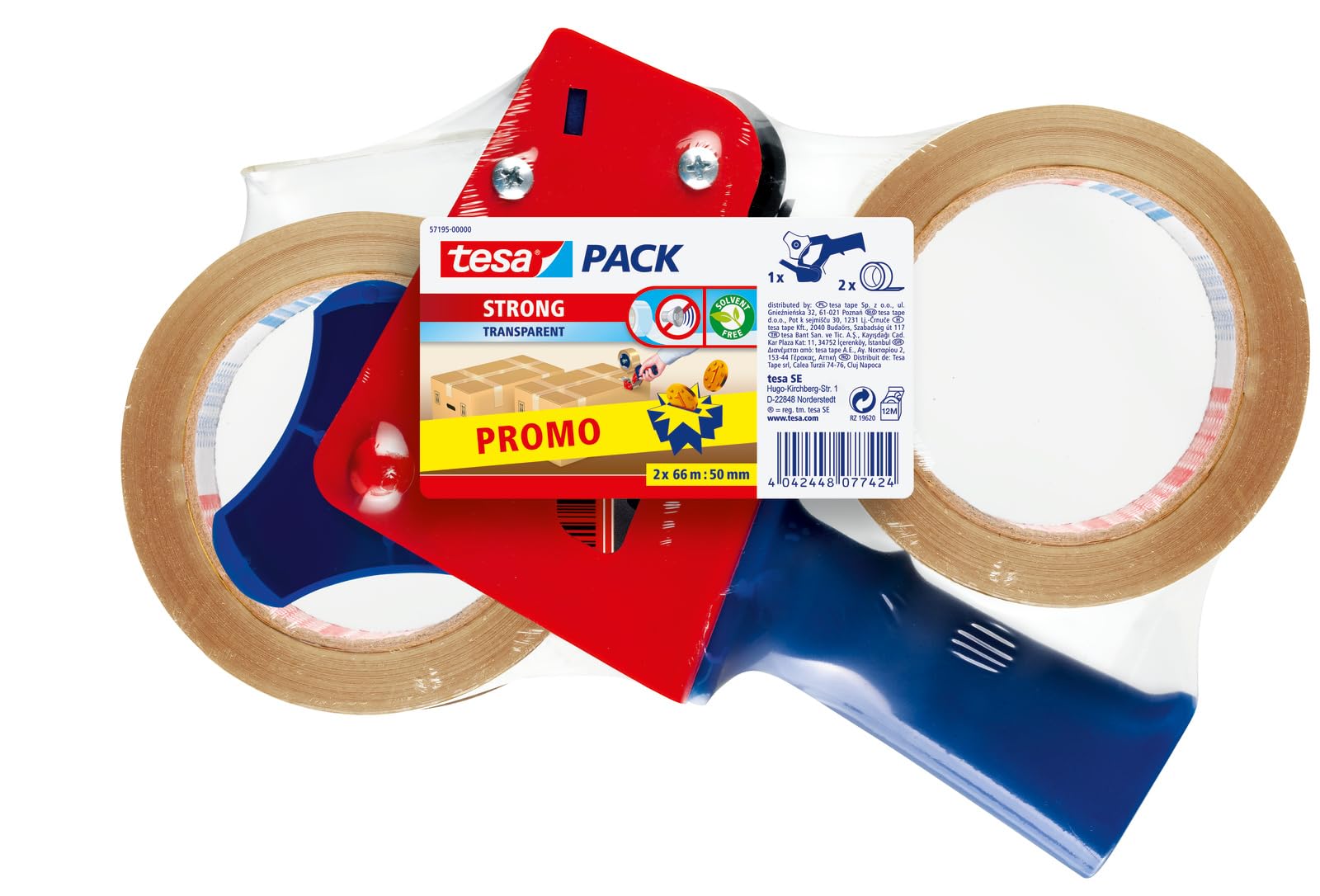 Packing Tape Set - 2x Parcel Tape with 1x Dispenser - Transparent - 66m x 50mm