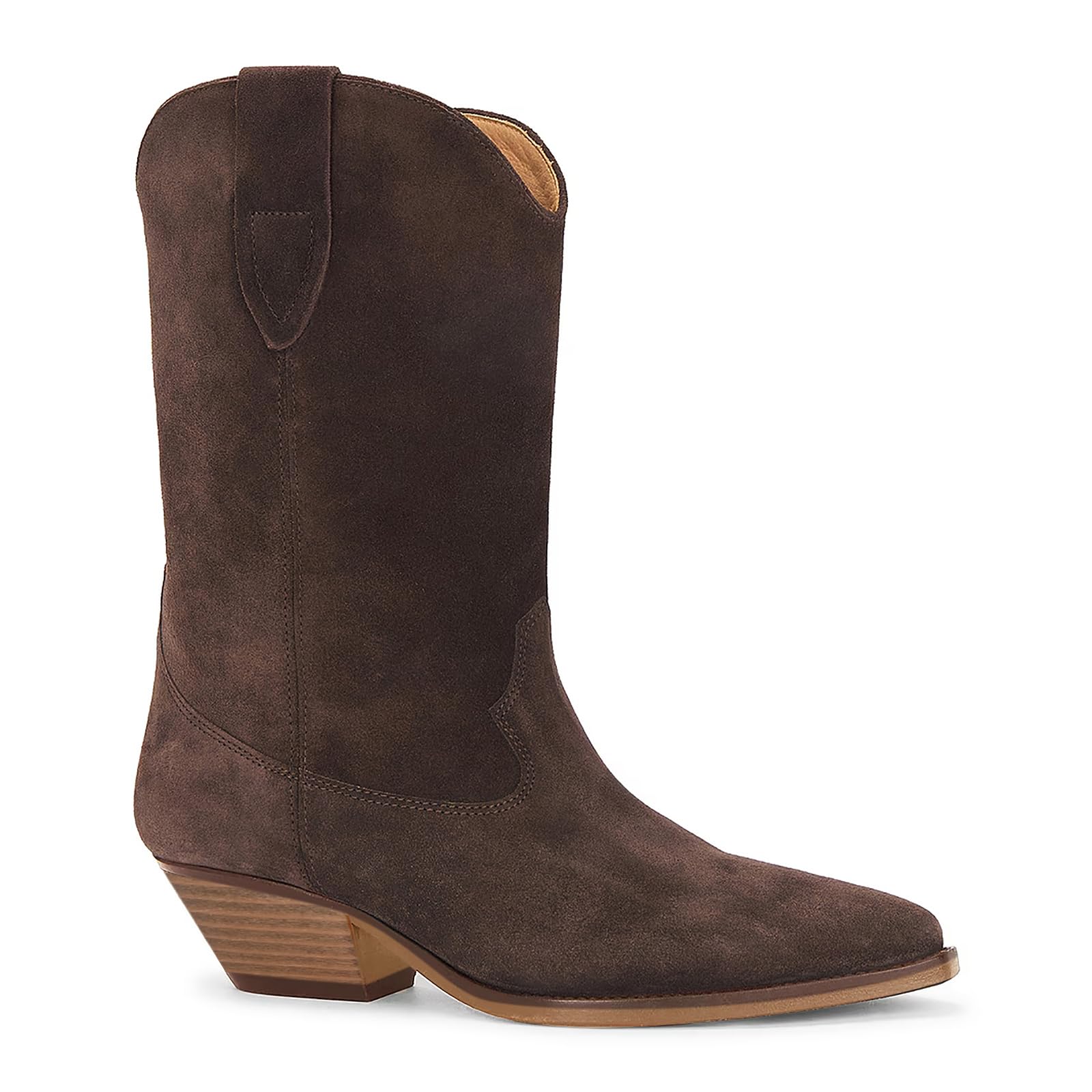 VERISSON Suede Cowboy Boots for Women Brown Cowgirl Boots Mid Calf Chunky Heel Pointed Toe Pull on Booties