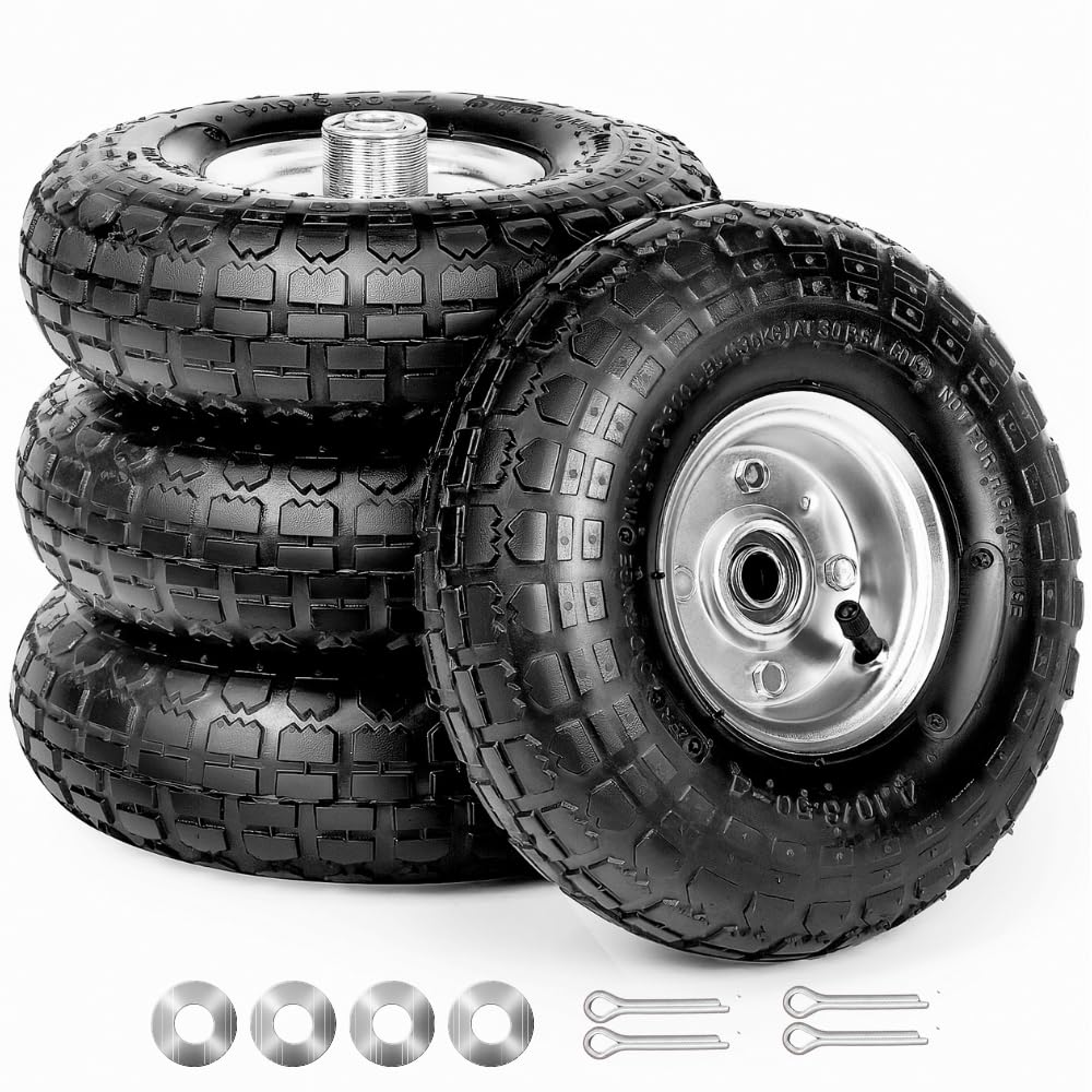 10-Inch Solid Replacement Tire and Wheel 4.10/3.50-4" - Flat Free Tires for Cart, Dolly, Hand Truck, Generator, Lawnmower, Garden Wagon with 5/8” Axle Bore Hole - Double Sealed Bearings (4 Pack)