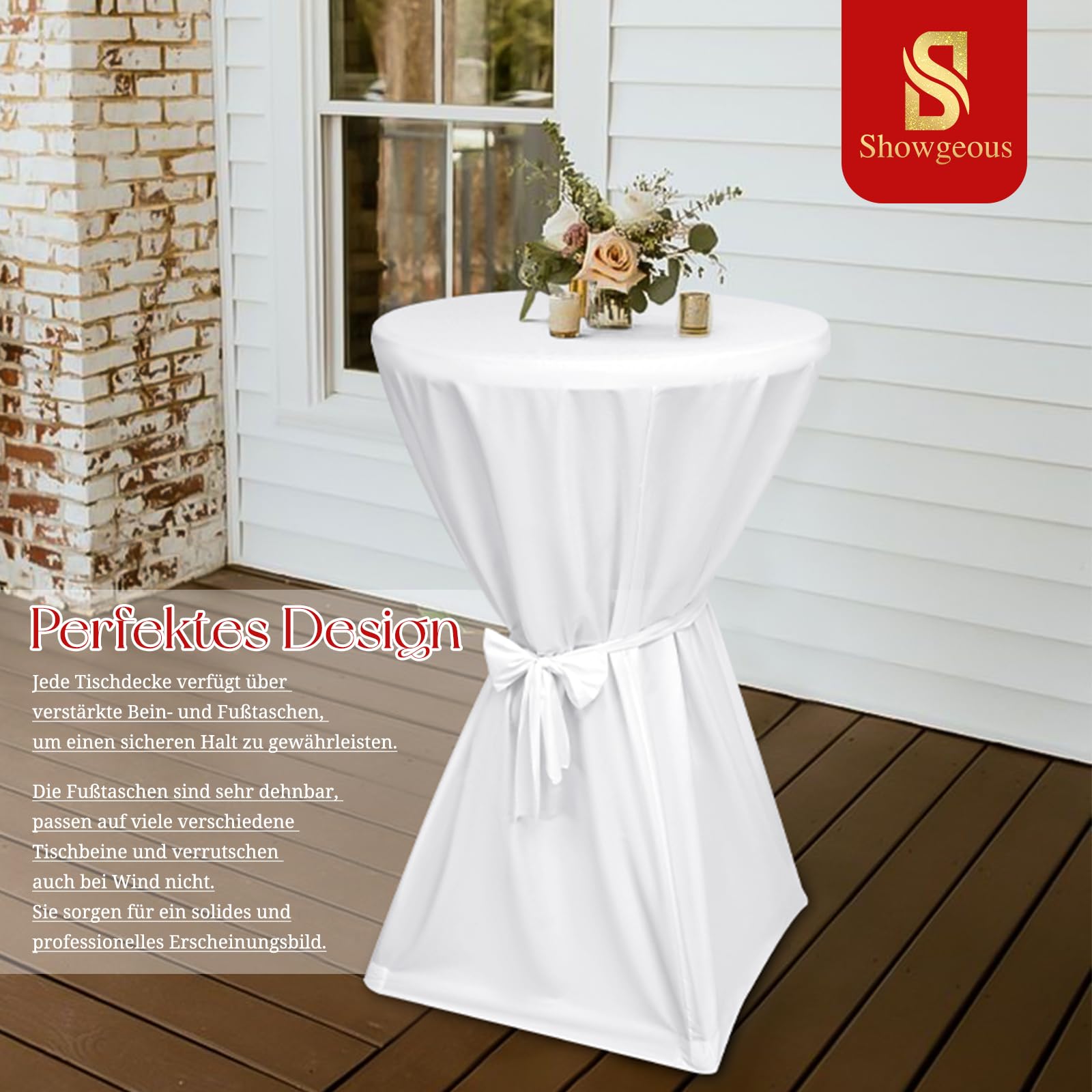 Showgeous Lot de 6 Housses de Table de Bar Premium 60 cm Blanches Housses de Table pour Tables de Bar 60 cm Housse de Table de Bar, Nappe de Table de Bar Antidérapante et Lavable Ruban