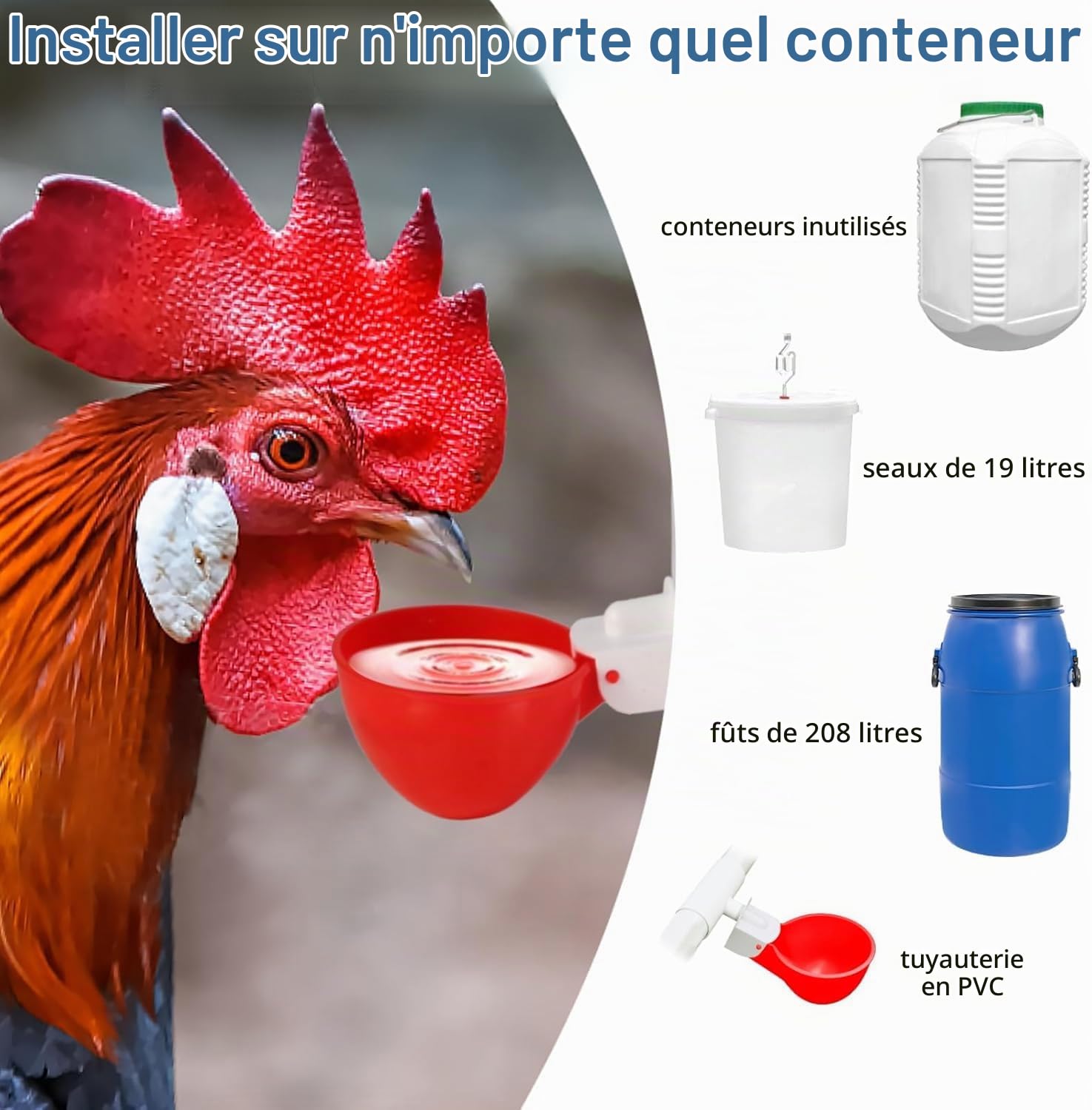 Lot de 10 Abreuvoirs Automatiques pour Poules,Distributeur d'eau Poule avec Foret,Abreuvoir Poule Automatique pour Poules,Canards,Oies,Dindes,Pigeons