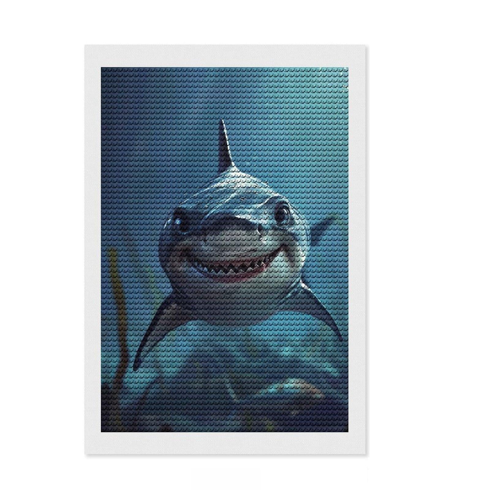 Junmoney Shark Sea DIY Diamond Art Canvas Kit 8"x12", Easy to Enjoy, Easy Handmade Project, Cosy Home Accent, Festive Craft Gift