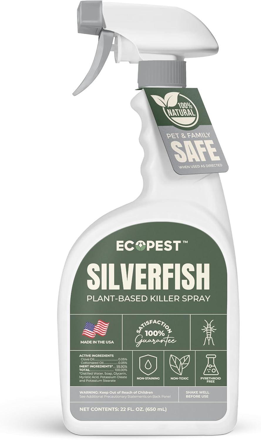 Silverfish Spray, Natural Silverfish Killer for Indoor and Outdoor | Plant-Based Home Pest Control Spray and Repellent | Made with Essential Oils, Safe for Use Around Children and Pets, 22 oz.