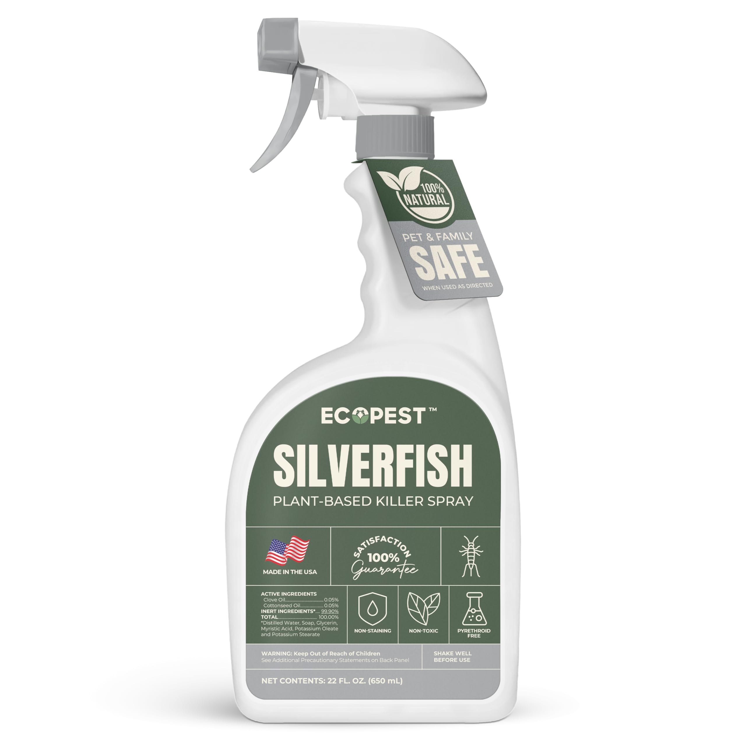 Silverfish Spray, Natural Silverfish Killer for Indoor and Outdoor | Plant-Based Home Pest Control Spray and Repellent | Made with Essential Oils, Safe for Use Around Children and Pets, 22 oz.