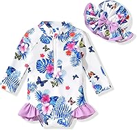 Vista 28 de Aalizzwell Traje de baño de una pieza de manga larga con sombrero para bebé niña Sirena cian