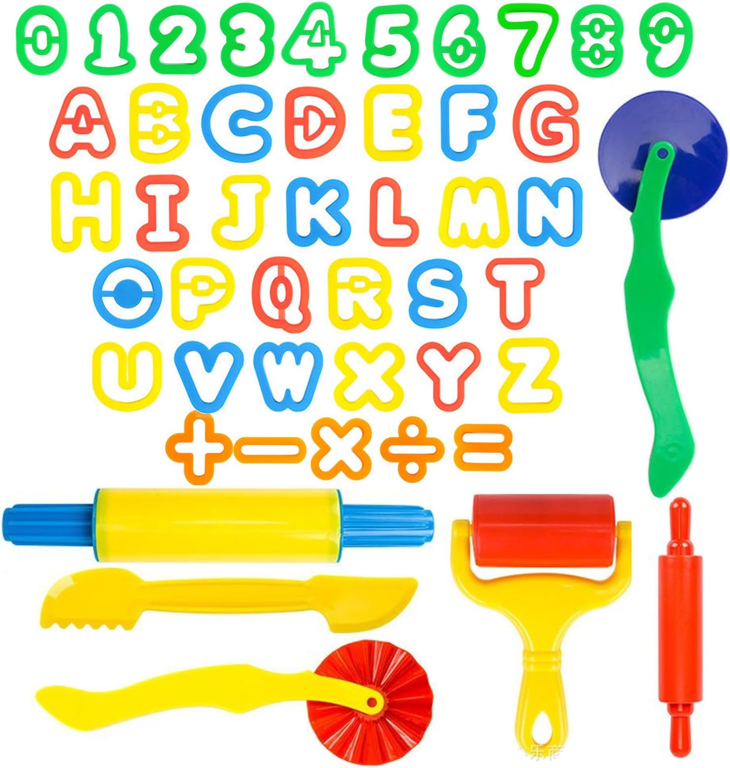 46-Piece Tools Dough & Clay Party Pack ABC's Shapes โ Mega Tool Playset Includes Many Colorful Cutters, Molds, Rollers & Play Accessories