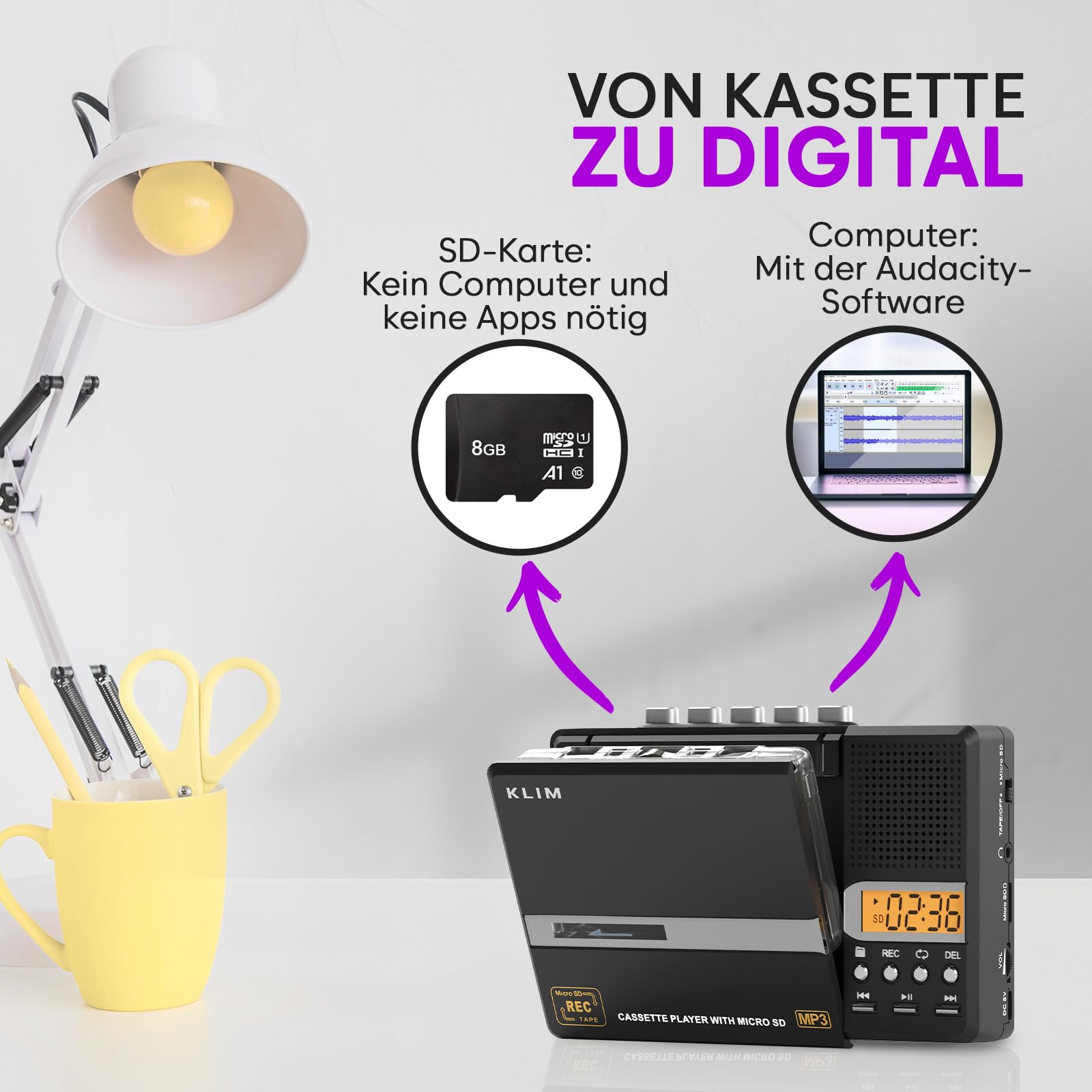 KLIM K10 Tragbare Kassettenspieler & Kassettenrecorder, Cassette Player & Kassette zu MP3 Konverter + Eingebautes Mikrofon & Lautsprecher + USB PC Transfer + Batterien/USB + 8GB SD Karte + Kopfhörer