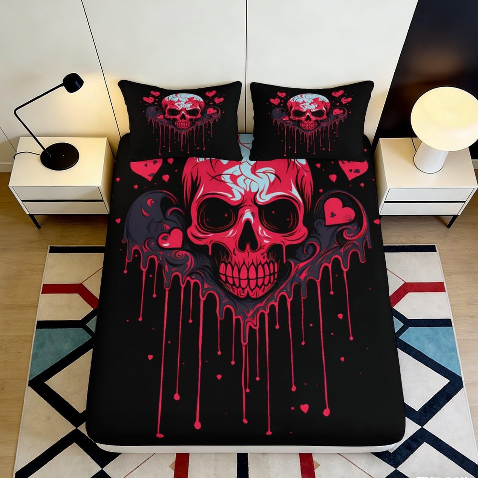 3D Printed Red Skull Fitted Sheet Microfiber Gothic Art Mattress Cover Black Drip Design for Bedroom Dorm Decor 90x200x25cm