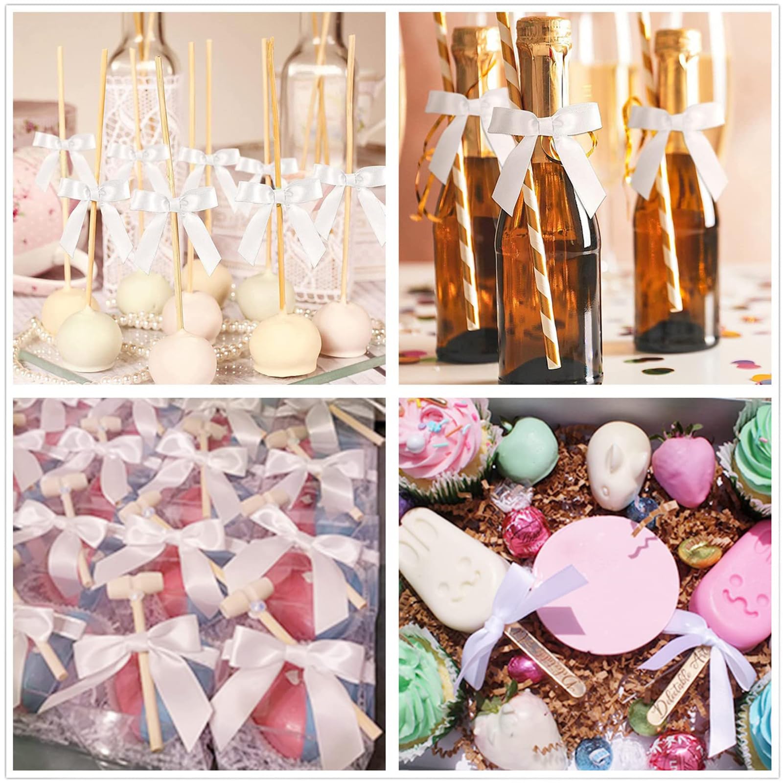 Lot De 50 Petits Nœuds En Ruban Satin Blanc Pré-Noués - Décoration Cadeaux & Sachets Friandises