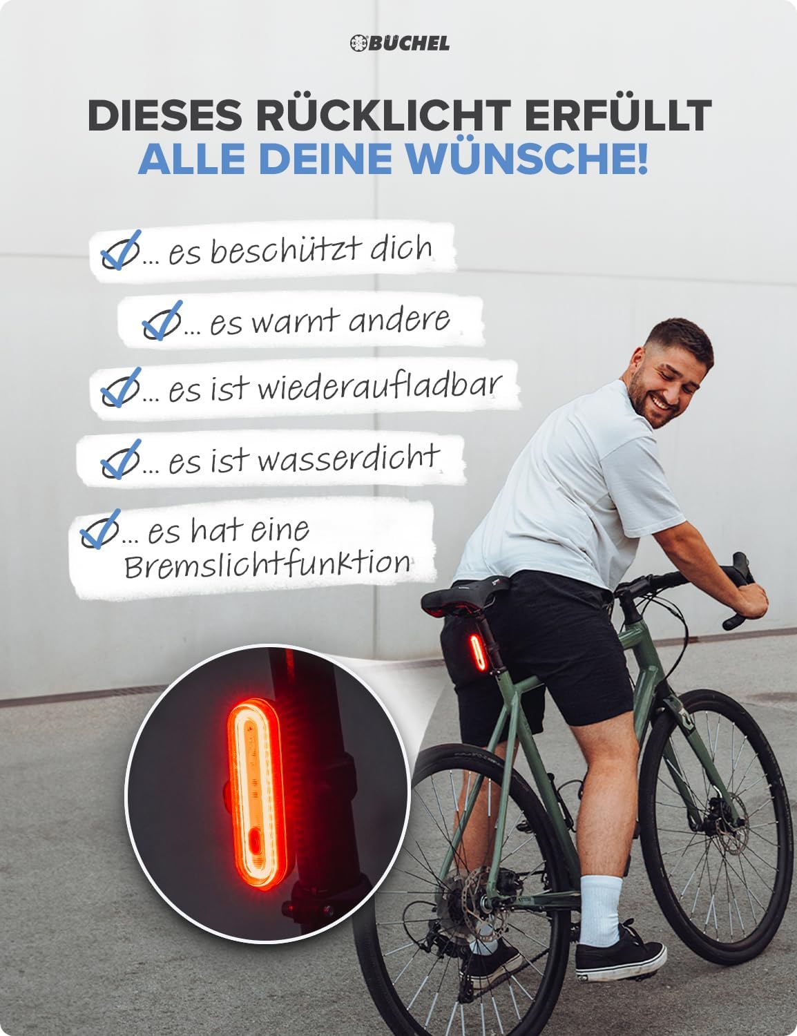 Büchel Fahrrad Rücklicht LED I Aufladbar I StVZO zugelassen I Rücklicht Fahrrad, Rücklicht Ebike, Fahrradlicht hinten, Fahrrad rücklicht led