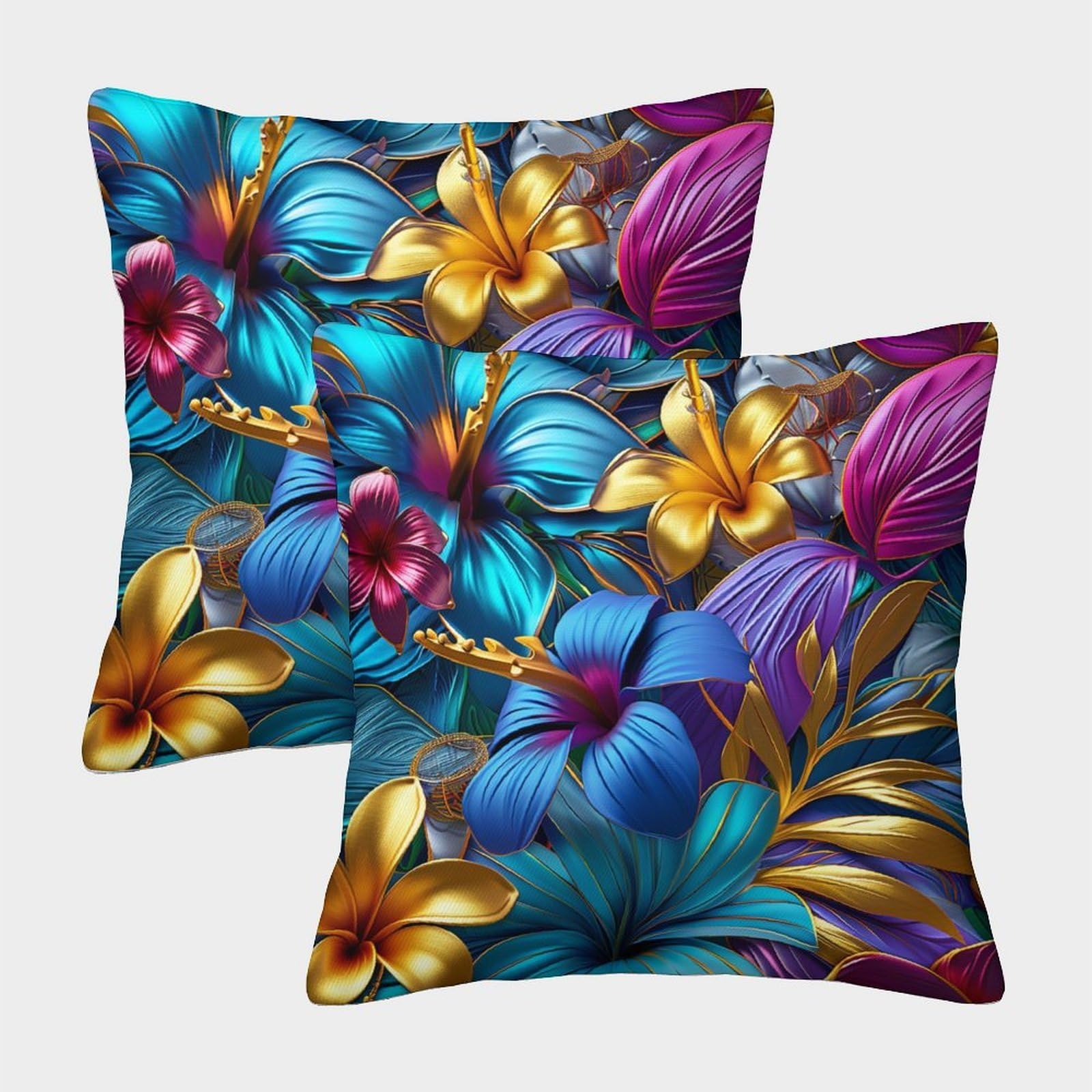 kaiyun 2 Pack 3D Tropical Flowers - Cartoon Style Theme Square Cushion Cover Decoration Pillow Cover Suitable for Home Sofa Bedroom Living Room 45x45cm