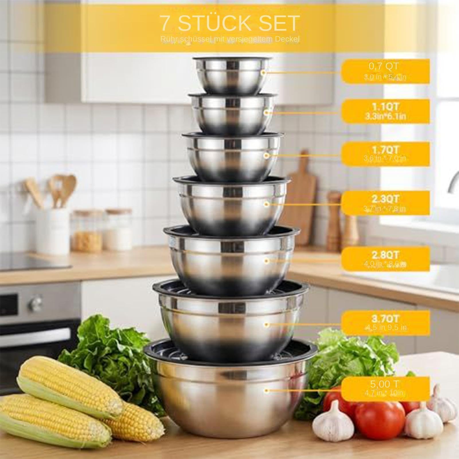 Cuenco Mezclador Con Tapa 7 Piezas De Acero Anidables Redondos | Boles para Preparación de Alimentos de Hogar y Para Salsas Snacks Huevos Condimentos Verduras Frutas