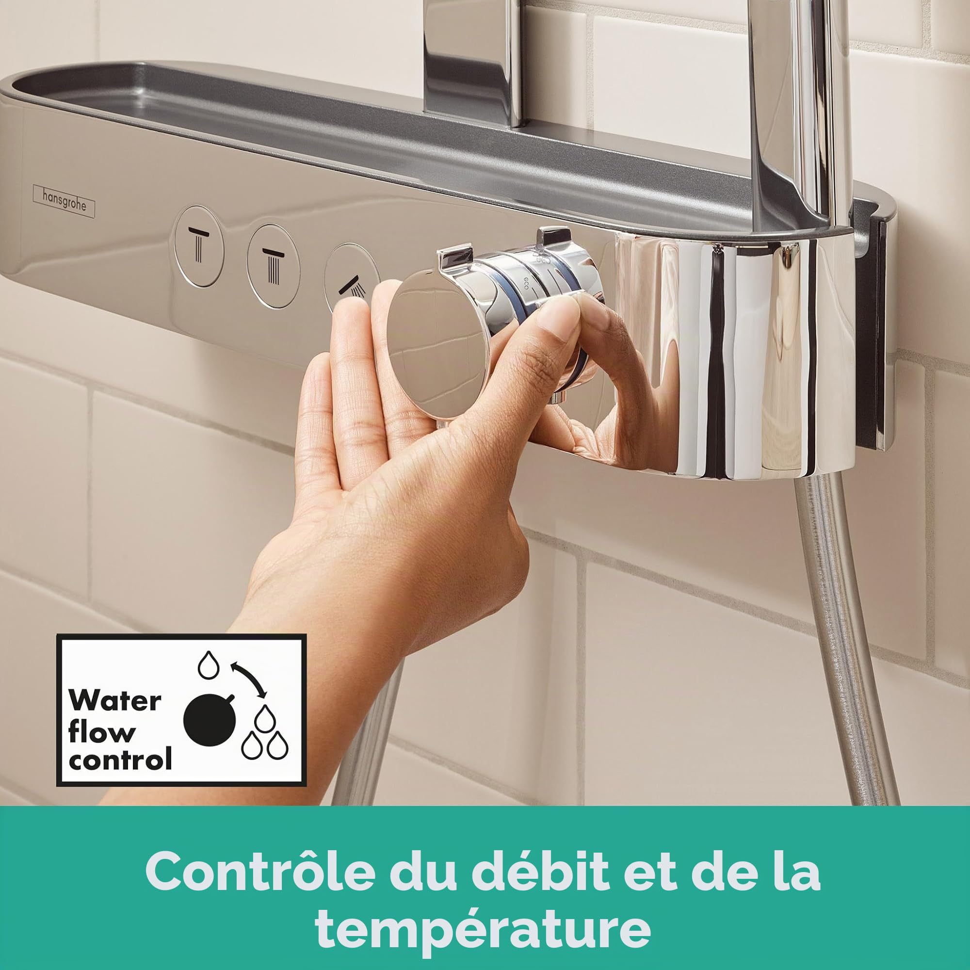 hansgrohe Pulsify S - Colonne de douche avec mitigeur thermostatique, douche pluie (⌀ 260mm) avec robinet, douchette (3 jets), support, flexible de douche, barre et douche de tête ronde, Chromé