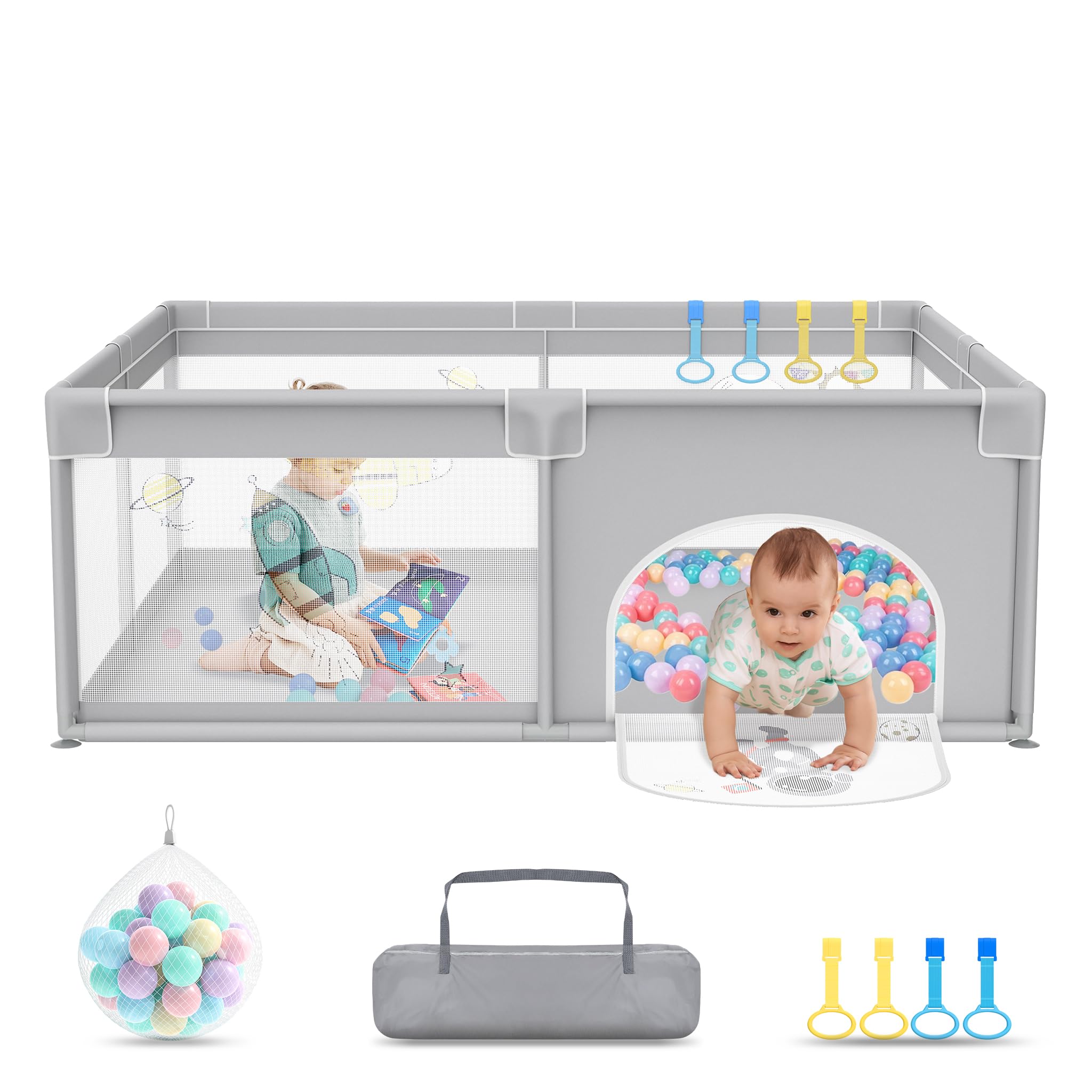 UISEBRT Laufstall Baby 150x180cmLaufgitter für Baby mit 50 Ocean Bällen & 4 Zugringen & Tragetasche, Faltbar Laufgitterzelt mit Atmungsaktivem Netz für Kinder, Grau mit Astronautenmotiven
