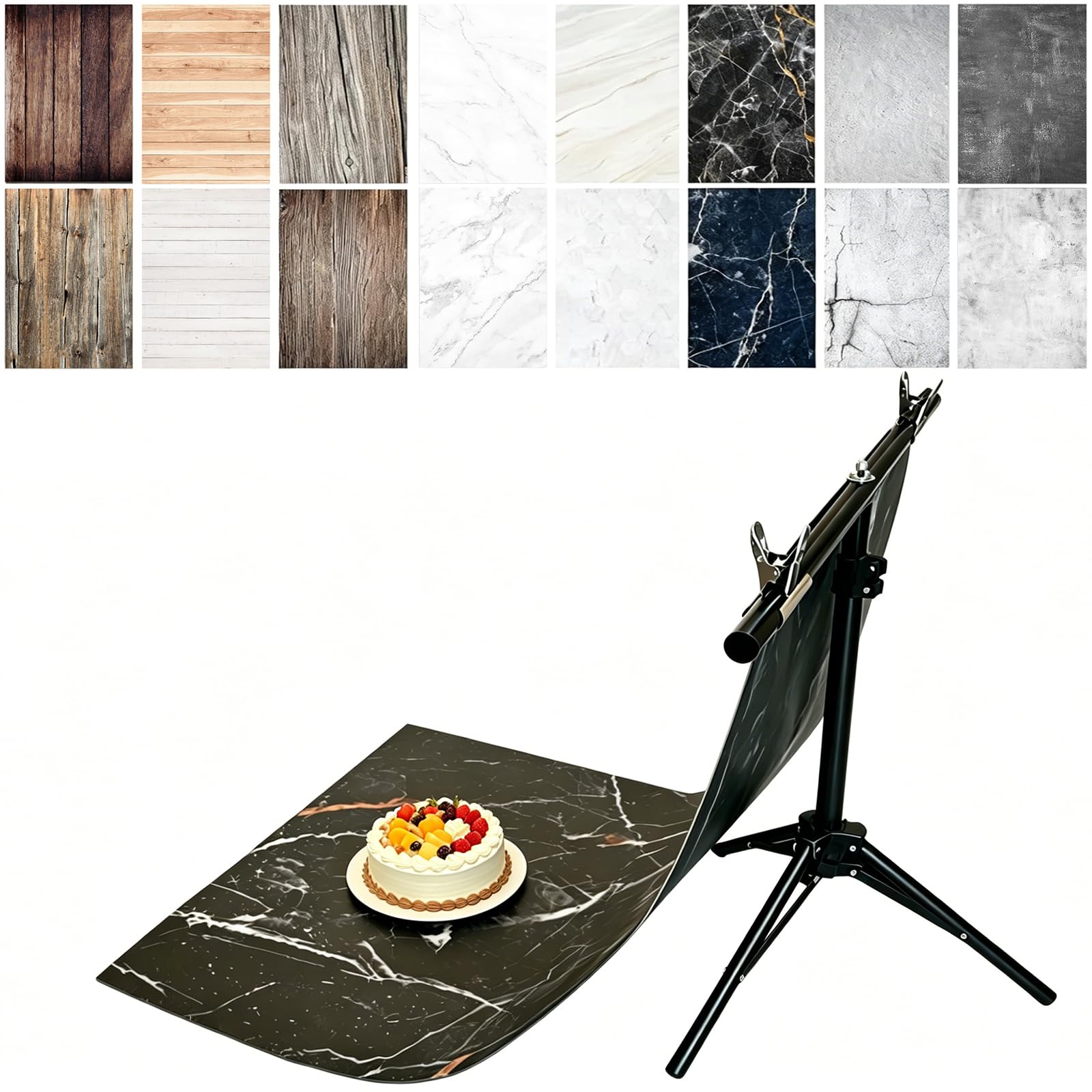 Lot de 8 Toiles de Fond pour Photographie avec Support, 16 Motifs, 86,4 x 58,4 cm, Double Face