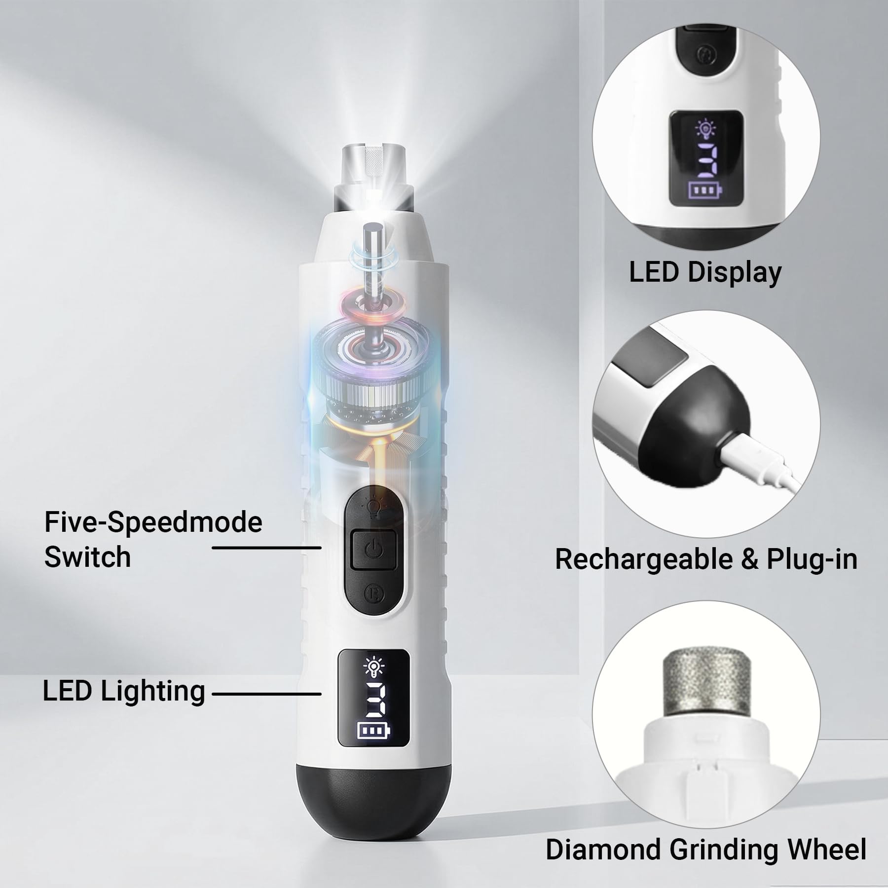 BULLIX 2026 Upgraded Silent Groom Pro Nail Grinder, Cordless Grooming Pro Nail Grinder for Dogs with 5-Speed & Led Light, Rechargeable USB Charging & 2 Grinding Wheels for Dogs and Cats - image 4