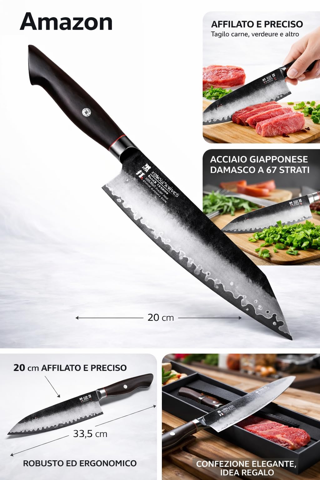 Coltello da Cucina Kiritsuke Forgiato Nero | Acciaio USA BG42 Ultra Affilato | Coltello da Chef Professionale | Design Giapponese | Alta Precisione per Carne, Pesce e Verdure