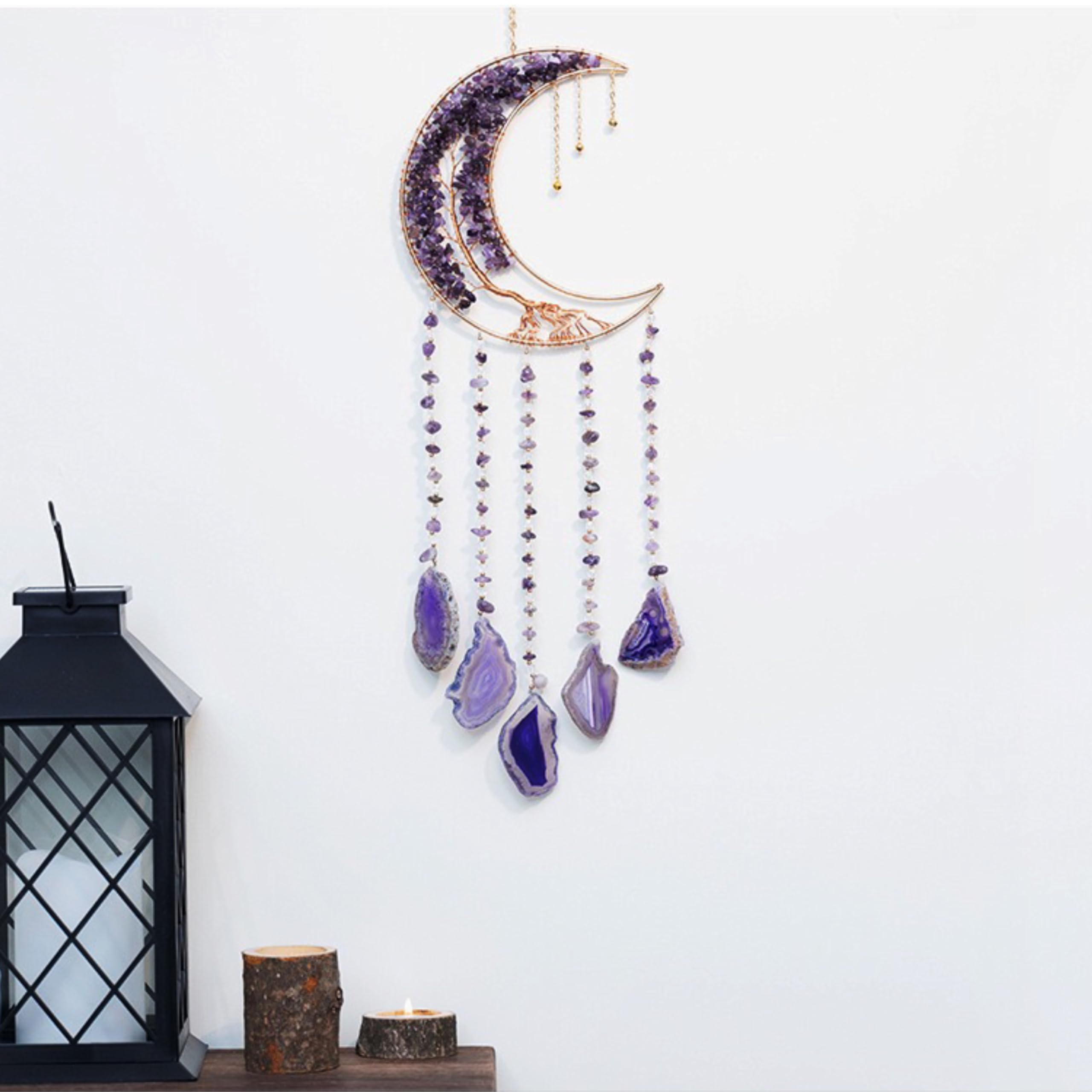 Attrape-rêves arbre de vie cristaux de lune violette agate naturelle décoration murale yoga fenêtres jardin intérieur