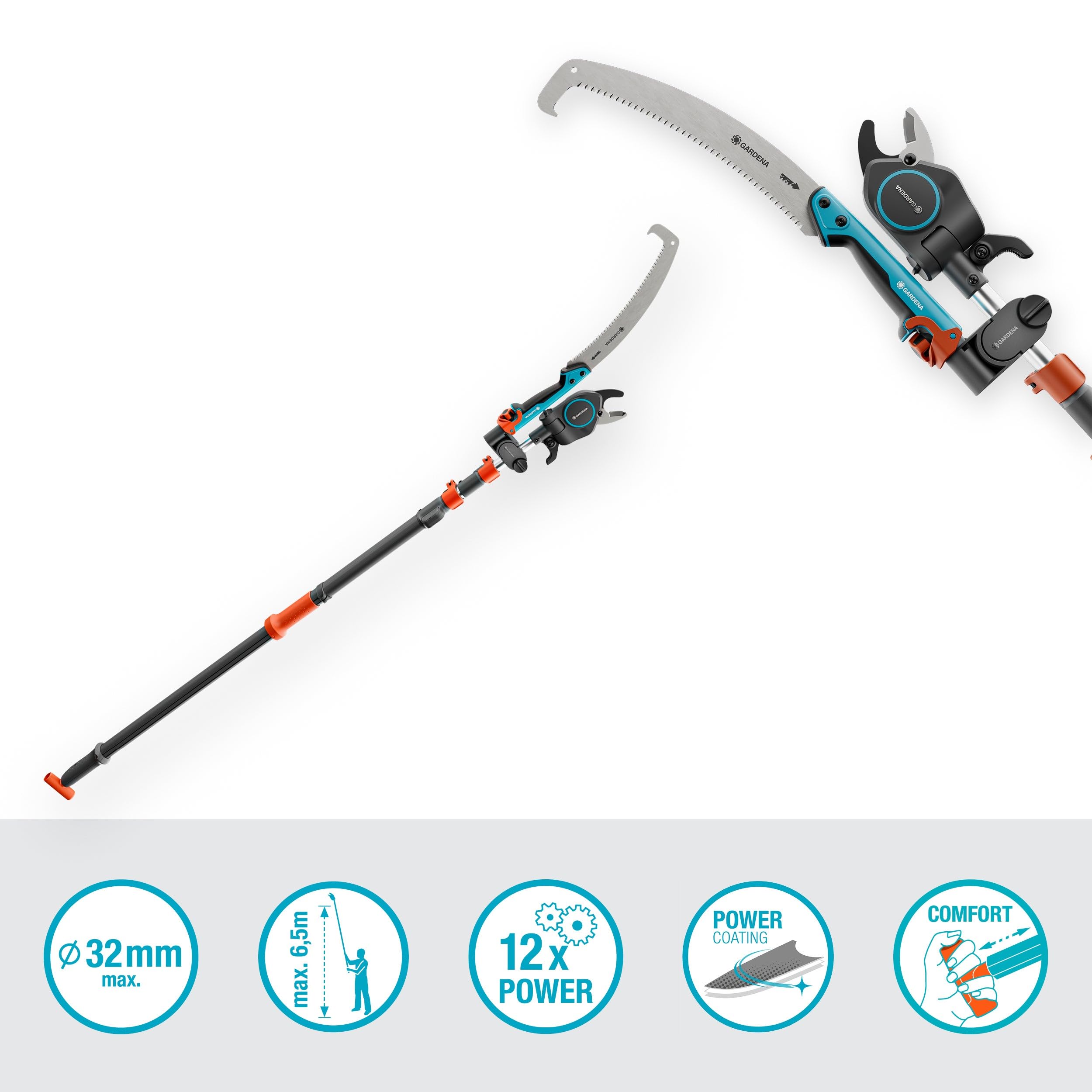 GARDENA StarCut Pro L Set, podadora telescópica con sierra y adaptador, corte bypass, longitud ajustable de 175 cm a 400 cm, potencia de corte 12x, diámetro de corte de 32 mm (12082-20)