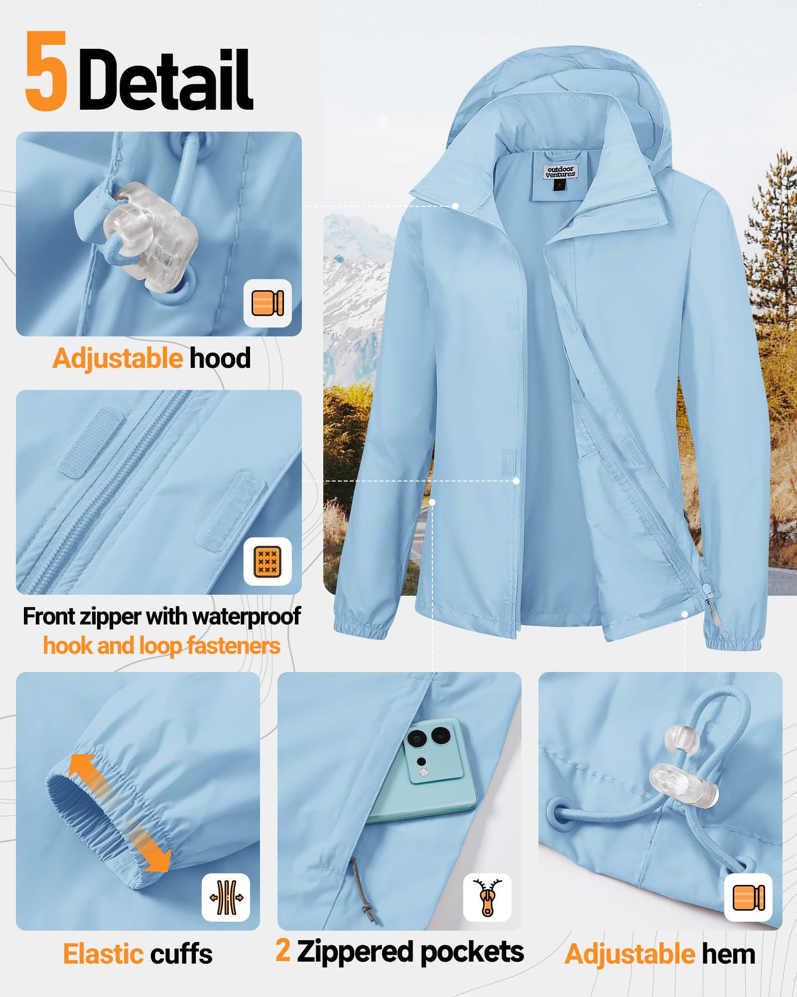 Outdoor Ventures Giacca impermeabile da donna, leggera, con cappuccio, per le mezze stagioni, da ciclismo, per attività all'aria aperta