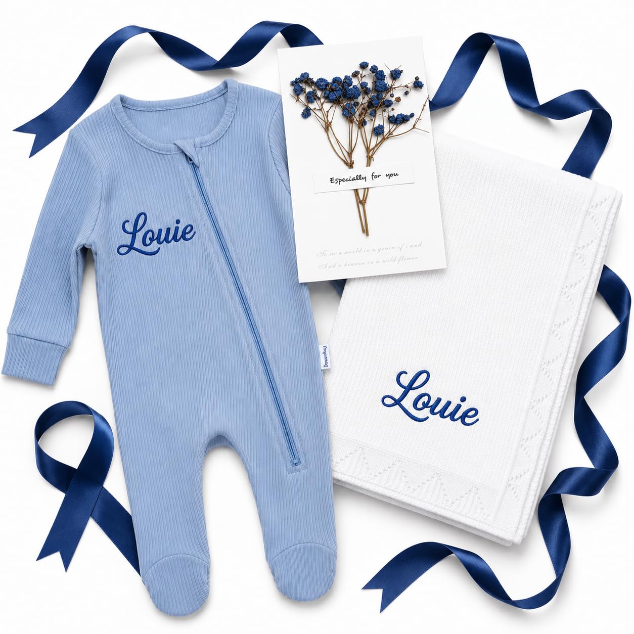 Personalised Baby Blanket and Romper Gift Set, Embroidered Name (O2, 6-12M)