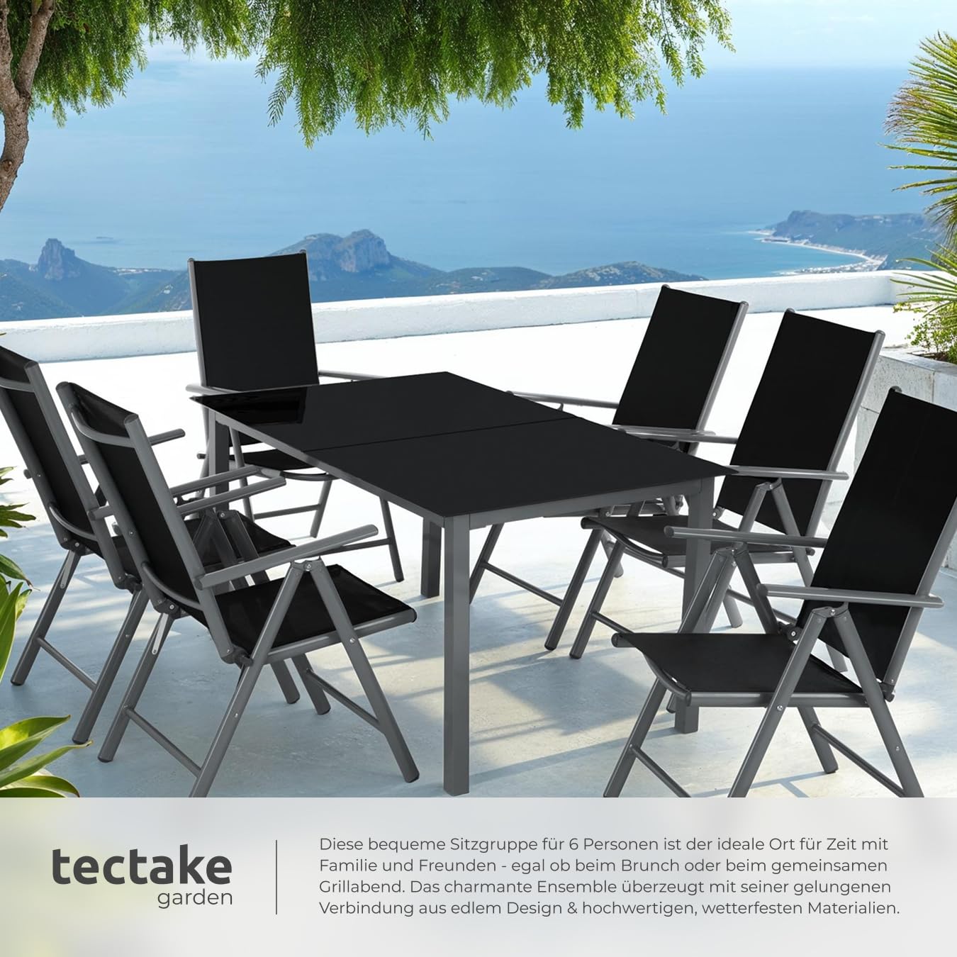 tectake® Sitzgarnitur Aluminium Klappstühle, Lounge Set mit 6X Stühle und 1x Glastisch Esstisch, Gartenmöbel Set wetterfest für den Balkon, Gartenstühle, Terrassenmöbel, Liegestuhl - anthrazit