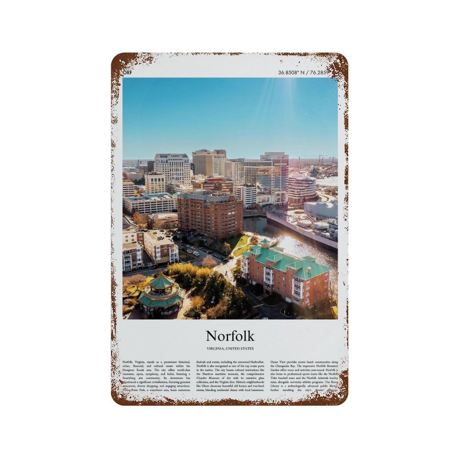 xiaoxiaoshen Norfolk Virginia, United States, USA City Scenery Wall Decor Art Metal Tin Poster Modern Home Decor Art Home Bar Shop Decorations Vintage Sign 30x20cm