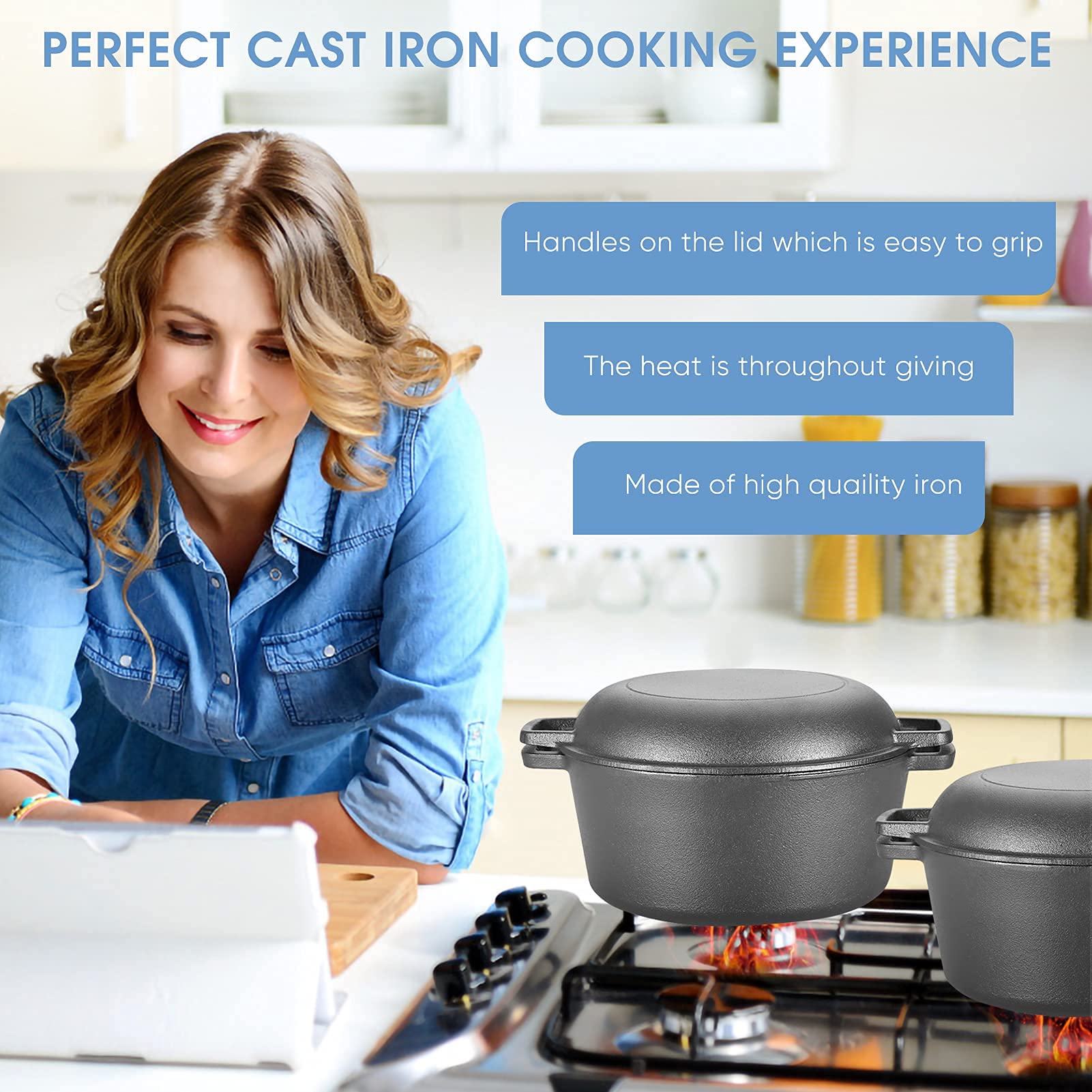Casserole en fonte, 2 en 1 casserole de 4,5 l Réchaud combiné double Dutch Oven avec couvercle/poêle à frire double fonction de marque pour cuisine camping jardin cuisson barbecue 26 * 26 * 12 cm