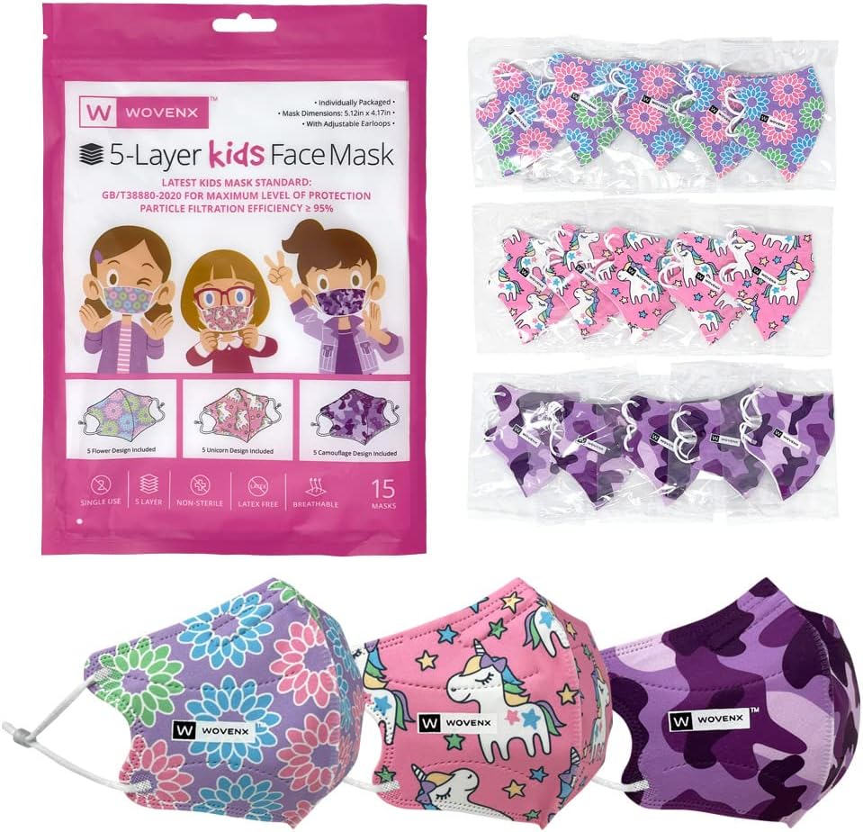 FDA Registered, 5 Ply Disposable Kids Face Mask 15 Pack, Adjustable Earloops, Individually Sealed