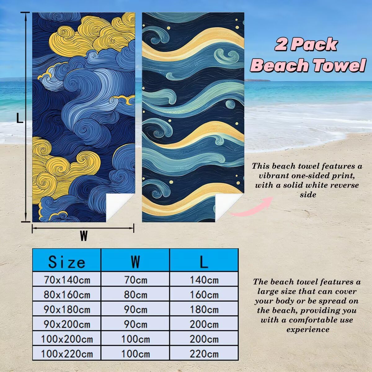Toalla Playa 100x200 cm, Toalla Gimnasio Microfibra Secado Rapido, Juego de 2 Antiarena Toallas de Playa, Ligera Compacta Toallas Microfibra Grande para Viaje, Regalo Hombre Regalo Mujer (Nube) -5071