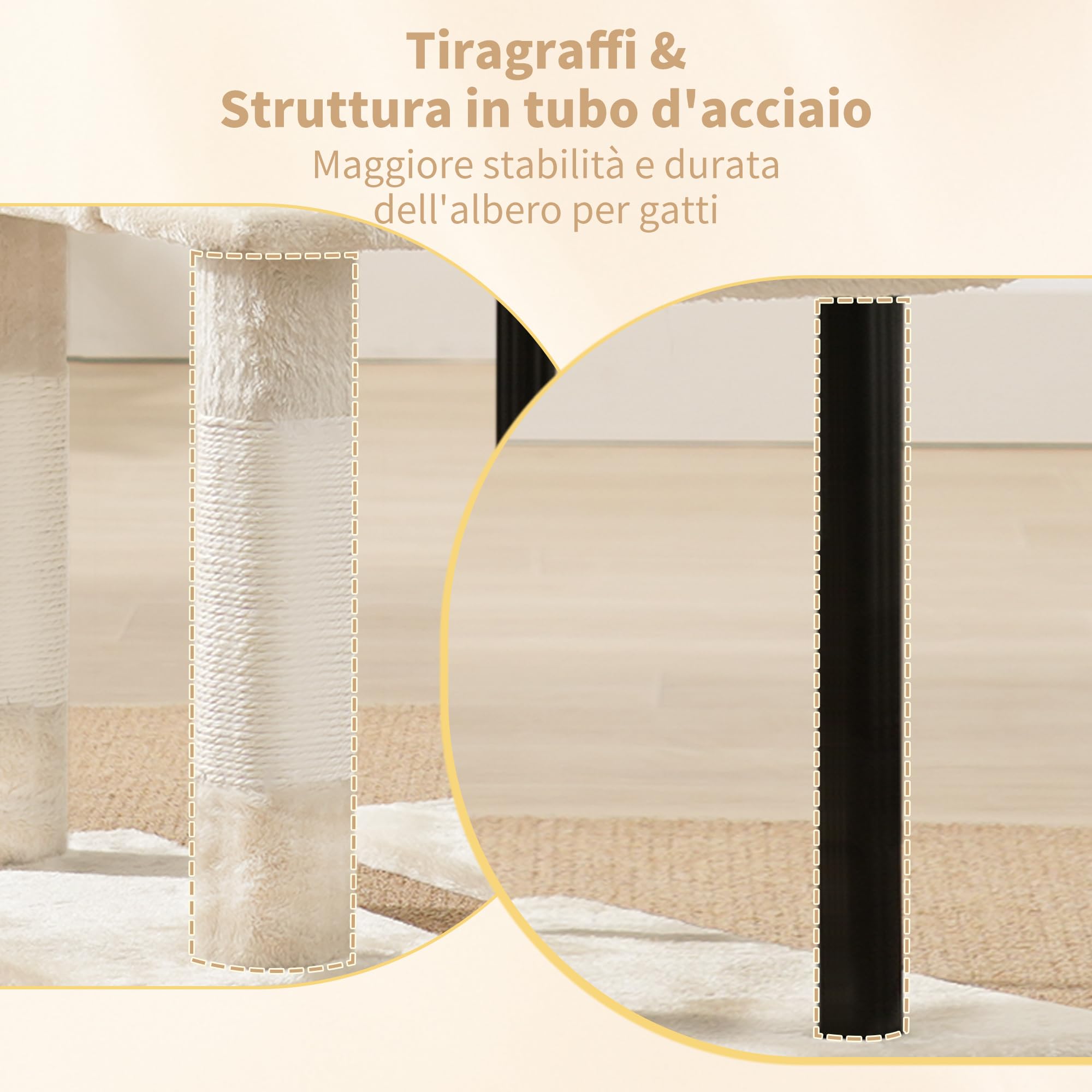 Heybly Albero Tiragraffi Per Gatti Alto 125 cm, Torre Per Gatti Spaziosa E Confortevole Con Tana, Due Ampie Piattaforme, Tiragraffi In Sisal, Cestino, Robusti Tubi In Acciaio, Beige HCT200SM-
