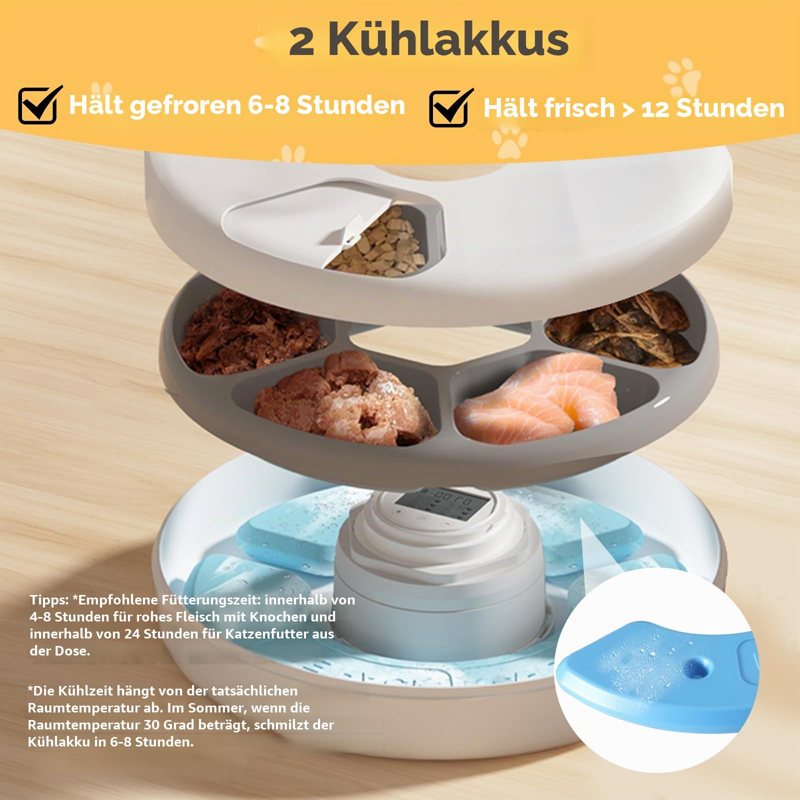 Futterautomat Katze Nassfutter Automat mit 2 Kühlakkus/Programmierbarem Timer, 6 Mahlzeiten Automatischer Futterspender Kabellos Batteriebetrieben für Haustier Katzen Hunde