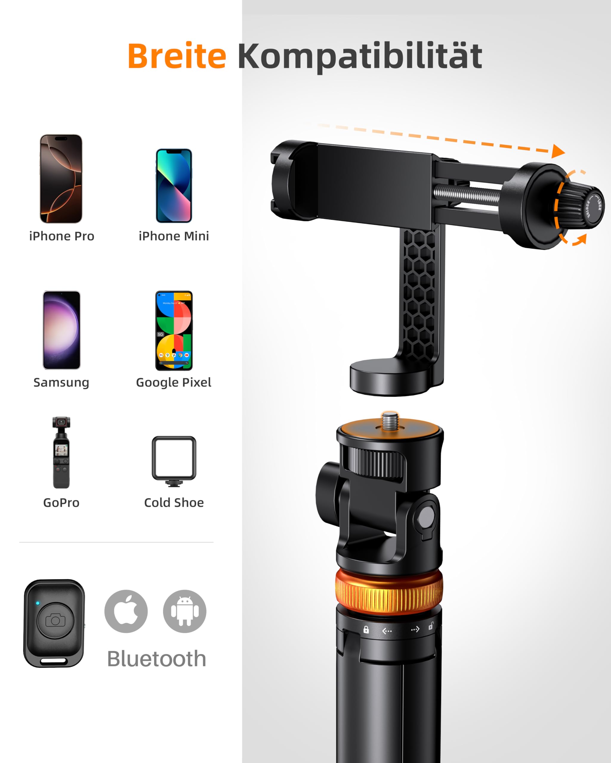 Handy Stativ, Stativ für Smartphone und Selfie Stick mit Fernbedienung, 158CM Hochrobust Strukturkomponenten und Ausziehsegment, Ausziehbar Drehbar Handyhalter, Stative für iPhone/Android