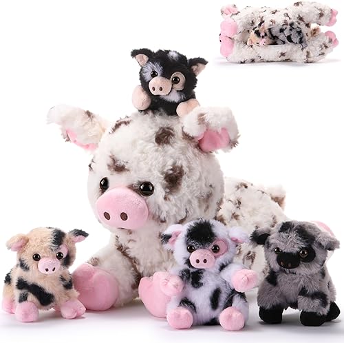 Miniatura 7 de Silipull 5 piezas de animales de peluche de cerdo, 12 pulgadas grande de peluche mamá cerdo con 4 pequeños cerdos en el vientre de la madre cerdo,
