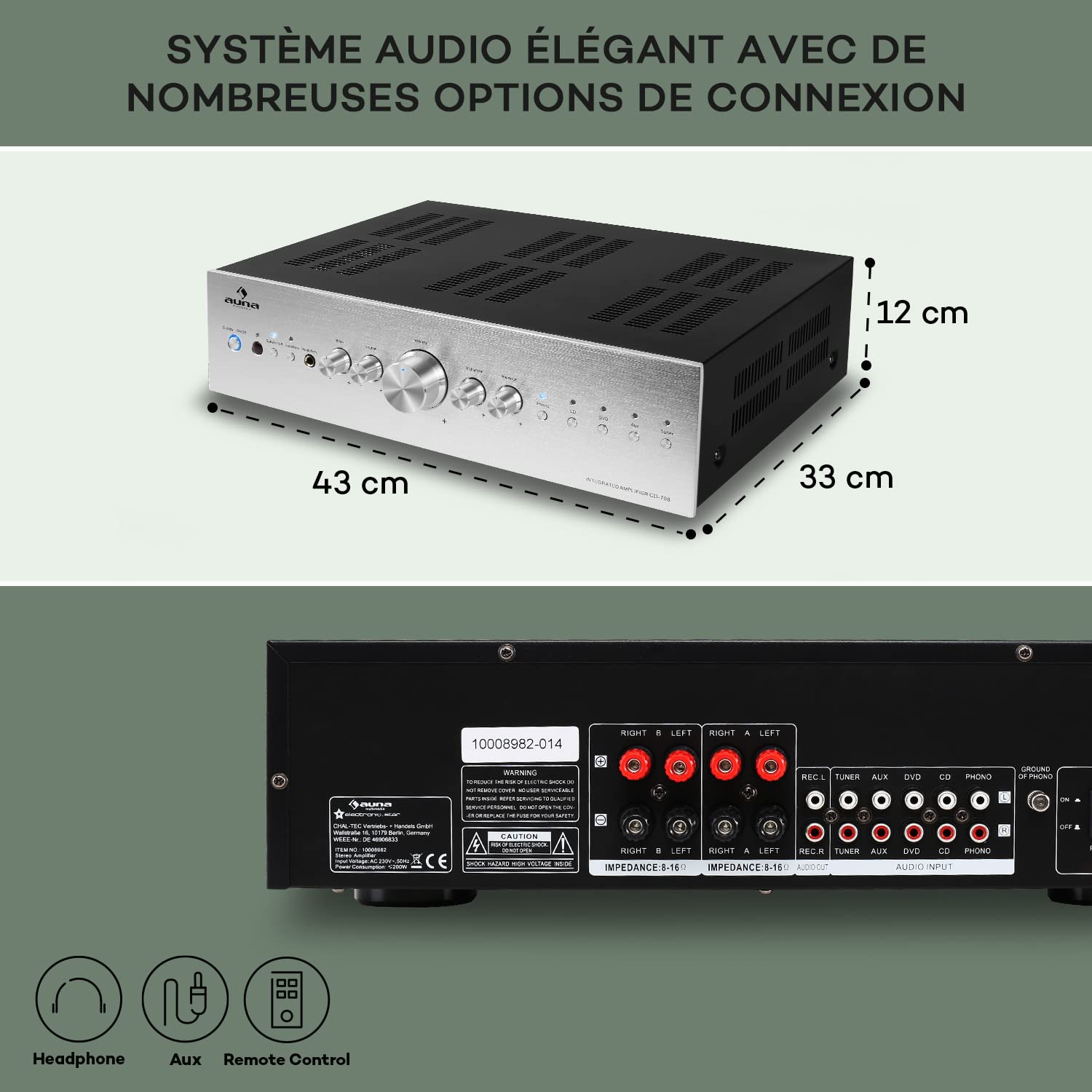 auna AV2-CD708 Amplificateur HiFi Sono stéréo (puissance de 600W max., égalisateur 3 bandes, 5 entrées RCA et une sortie RCA audio, télécommande, inox brossé) - argent