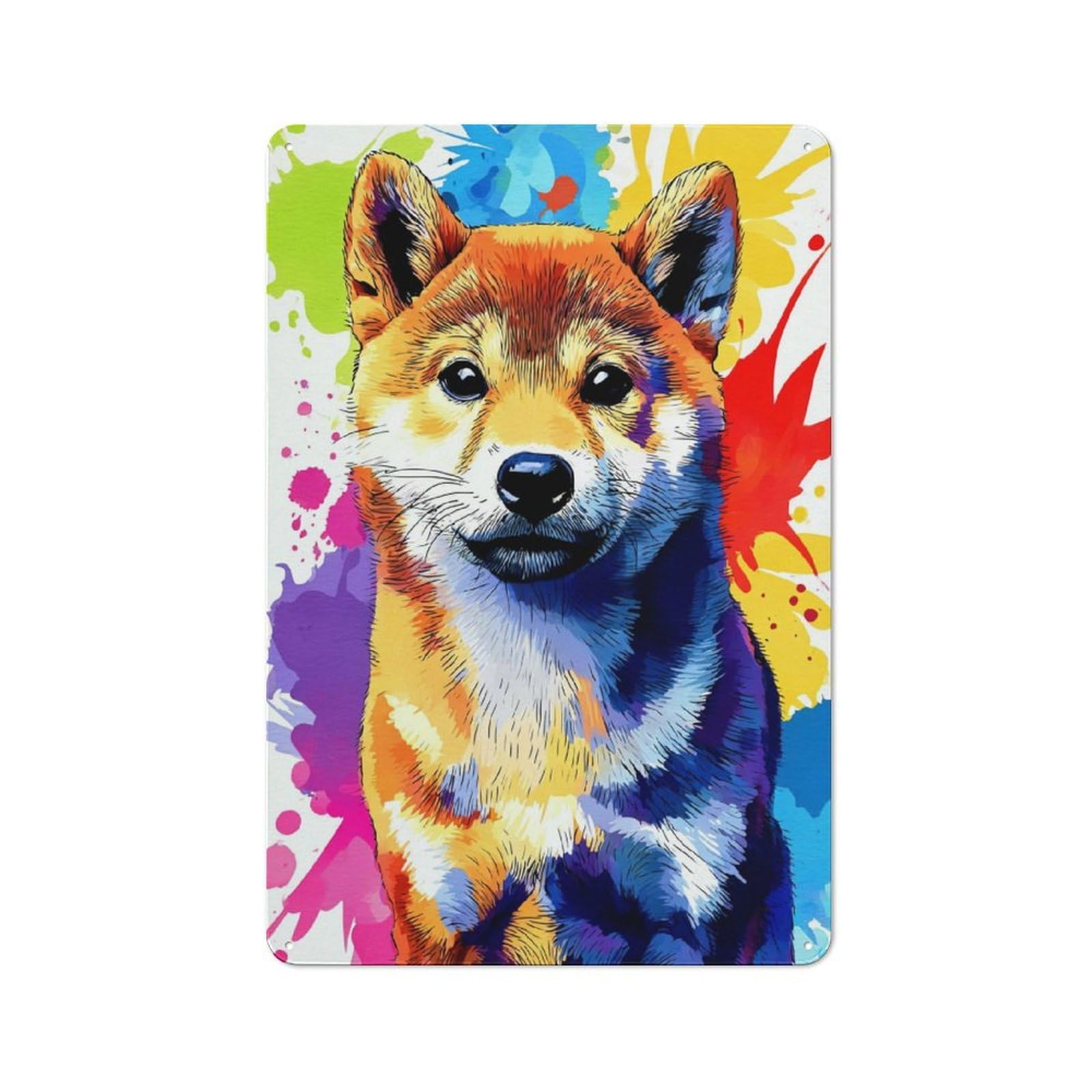 Junmoney Colorful Shiba Inu Portrait Art Print Rustic Tin Sign 30X20cm, Vintage Porch Wall Decor For Conservatory, Home Bar Or Utility Room