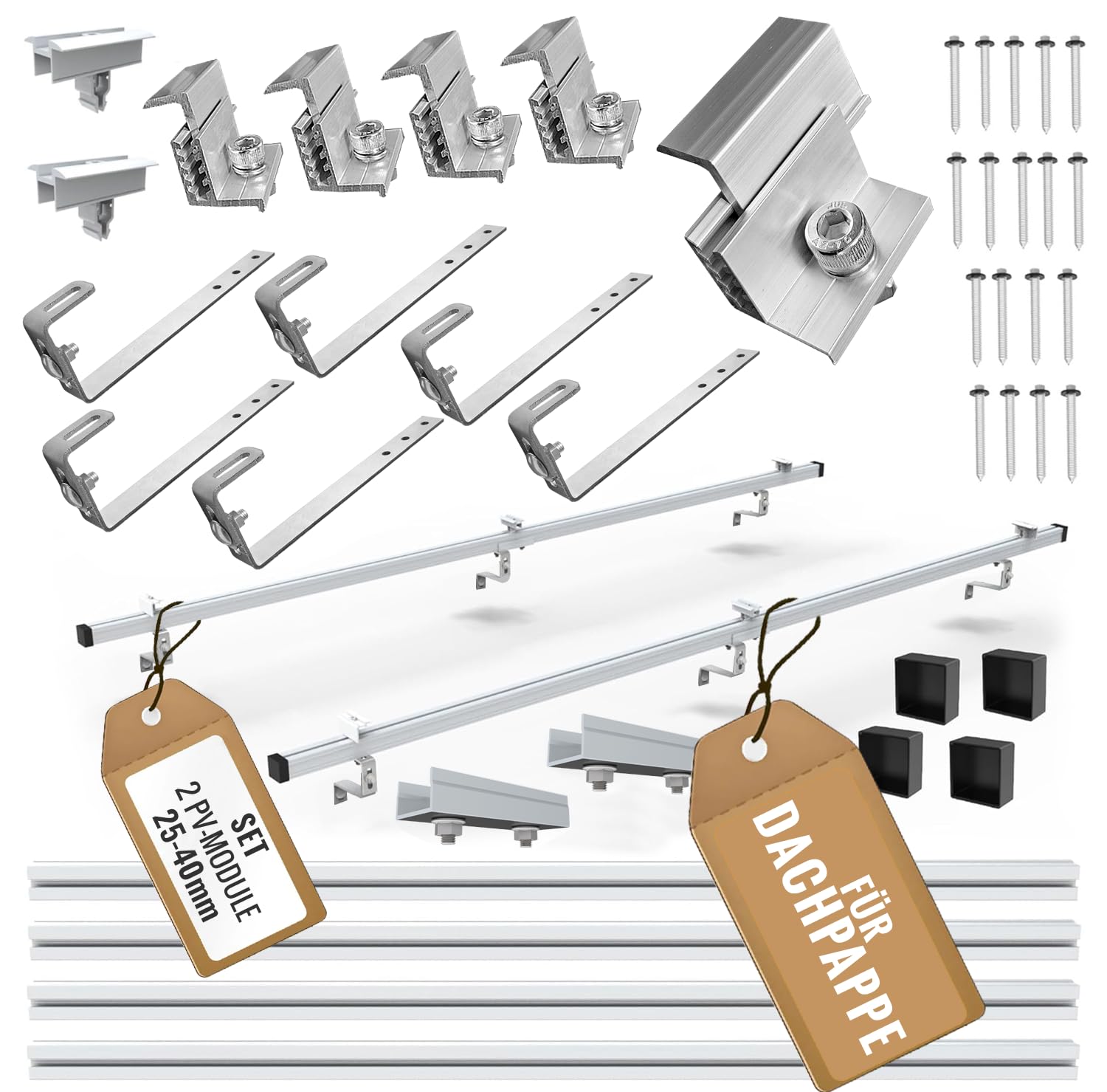 SET 2x PV-Module, PV, Photovoltaik, DACHPAPPE, Aufständerung, Dachhalterung, Befestigung, Halter, Halterung, Solar, Solarmodul, Solarpanel, PV Halter, 25-40mm, 0%