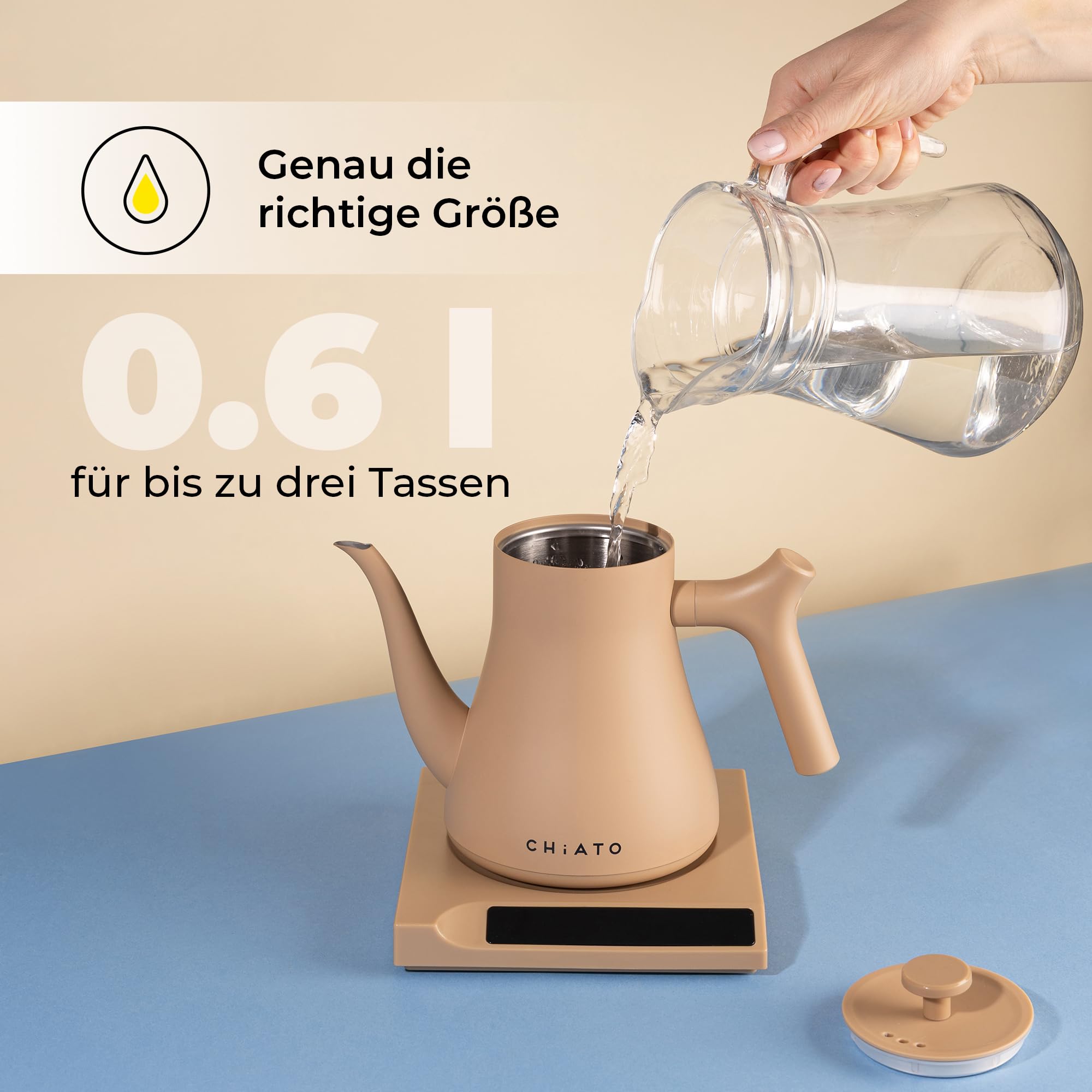 flowPLAY Wasserkocher Temperatur Einstellbar 0,6L – Kleiner Edelstahl Wasserkocher mit Warmhaltefunktion, Mini Wasserkocher Digital, Kompakt & Modern (Beige)