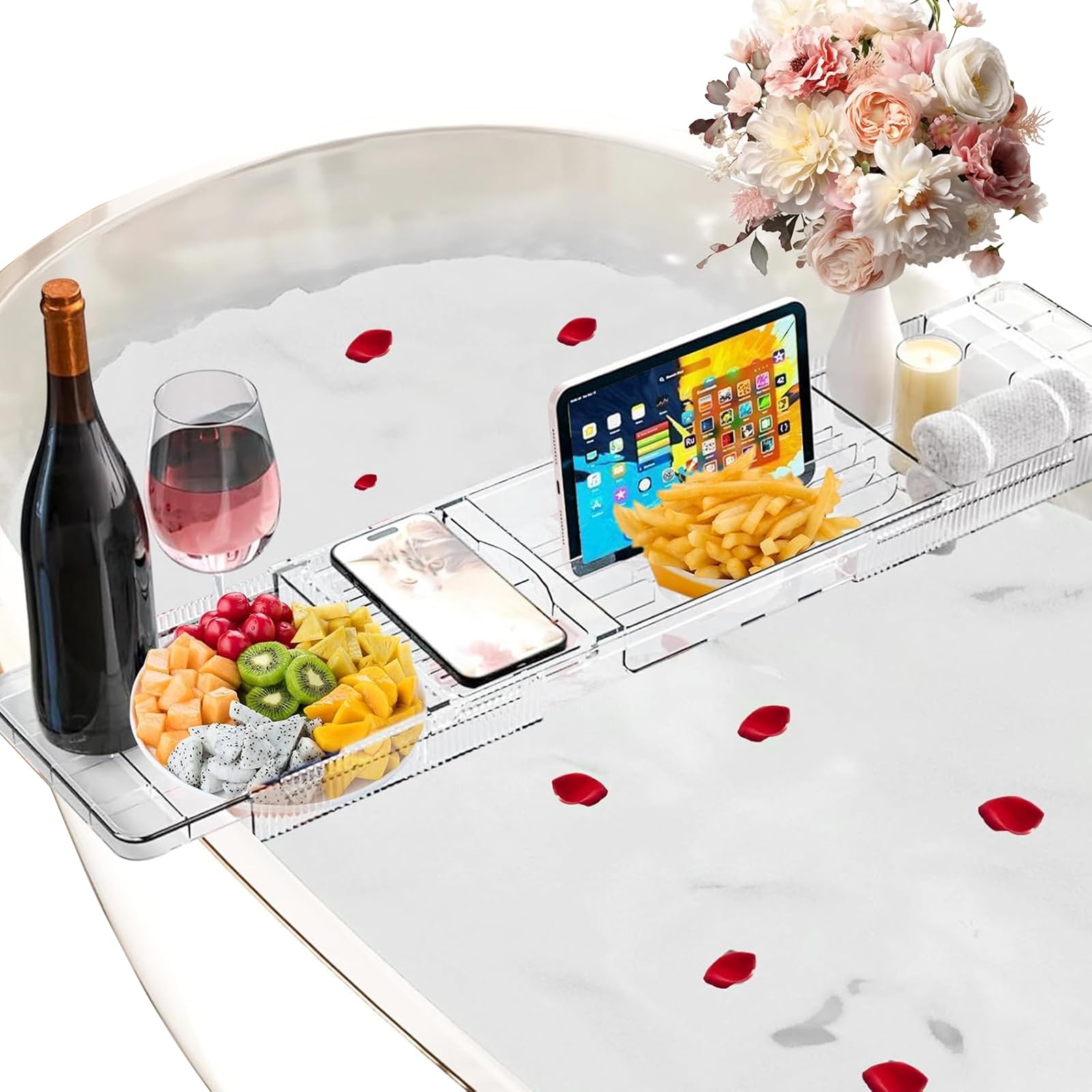 Pont De Baignoire Bambou 70cm Relaxdays - Tablette Salle De Bain Avec Porte- Verre, Supports Tablette Et Téléphone